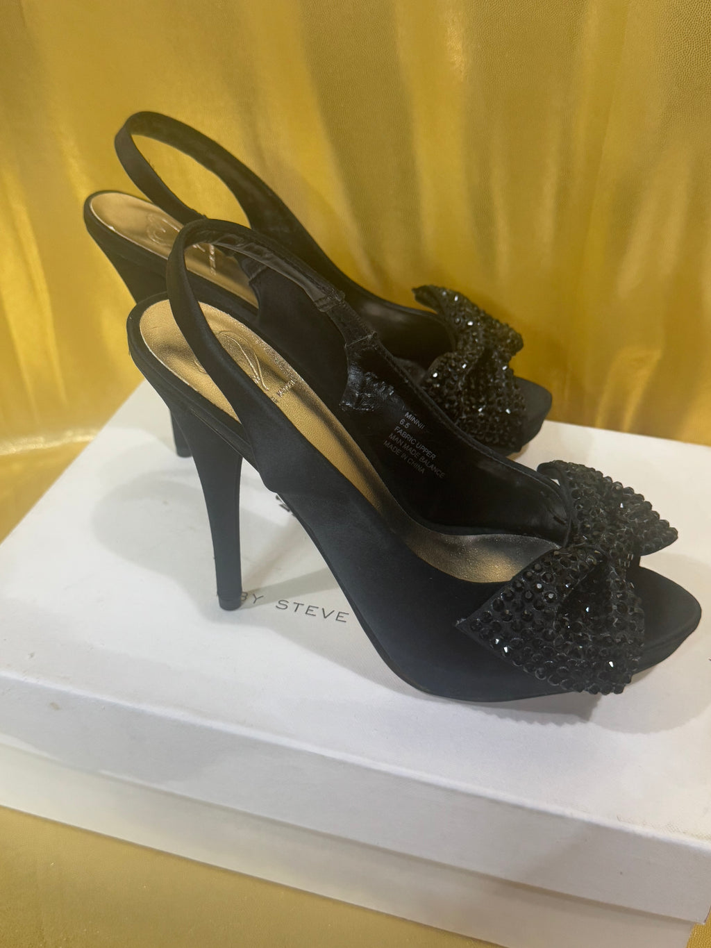 NIB Steve Madden MINNI Black Satin Sequin Bow Platform Slingback Heels Size 6.5