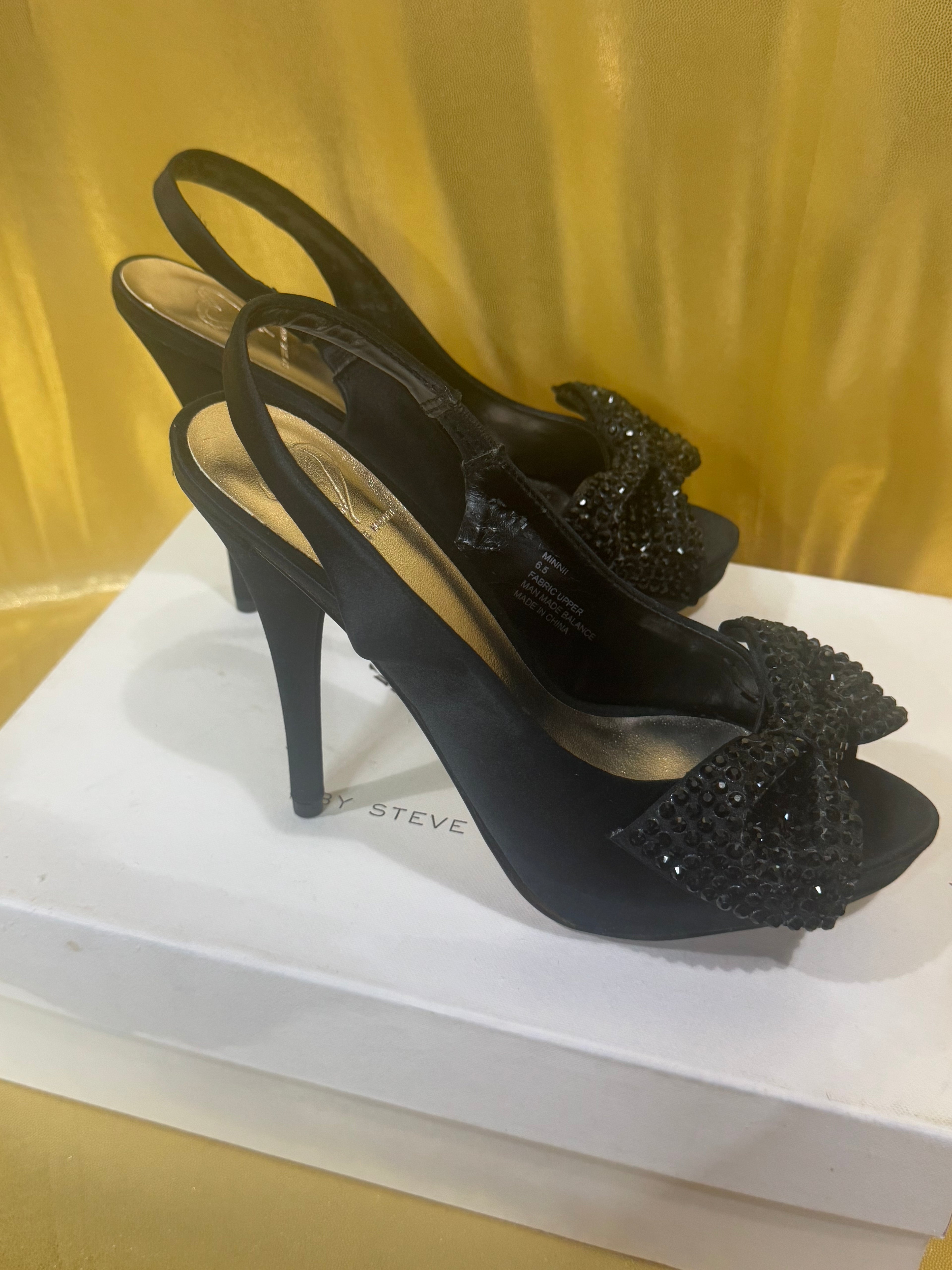 NIB Steve Madden MINNI Black Satin Sequin Bow Platform Slingback Heels Size 6.5