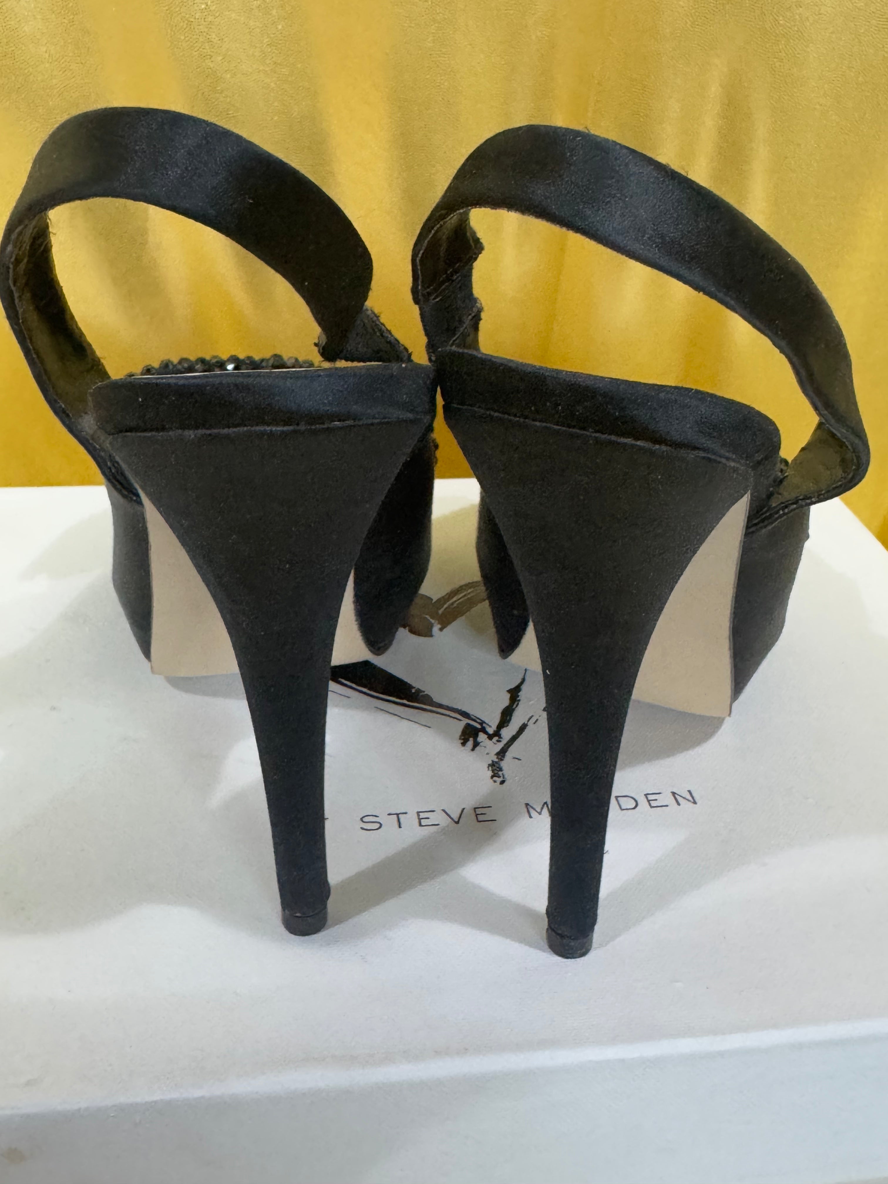 NIB Steve Madden MINNI Black Satin Sequin Bow Platform Slingback Heels Size 6.5
