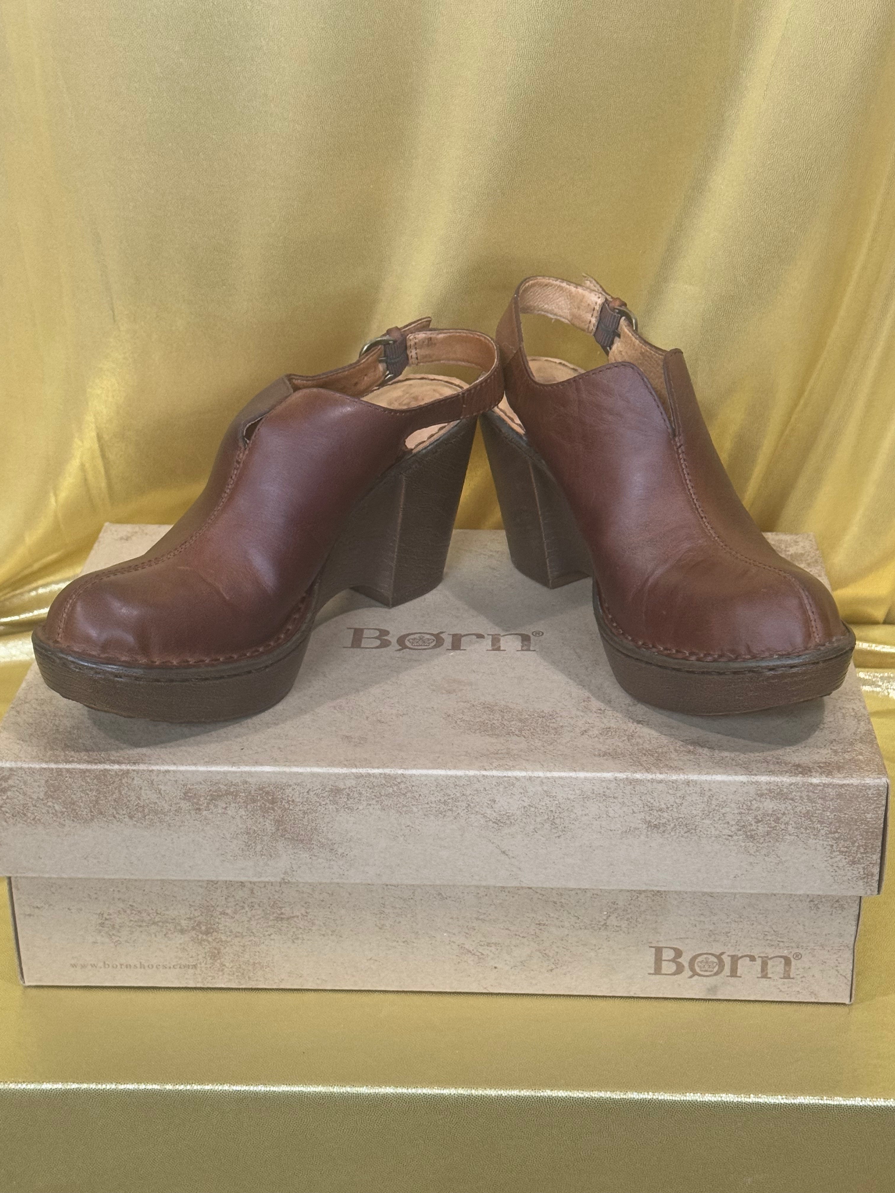 Born Flowers Brown Leather Slingback Wedge Clogs Platform Sandals D85516 Size 7 / 38 NIB