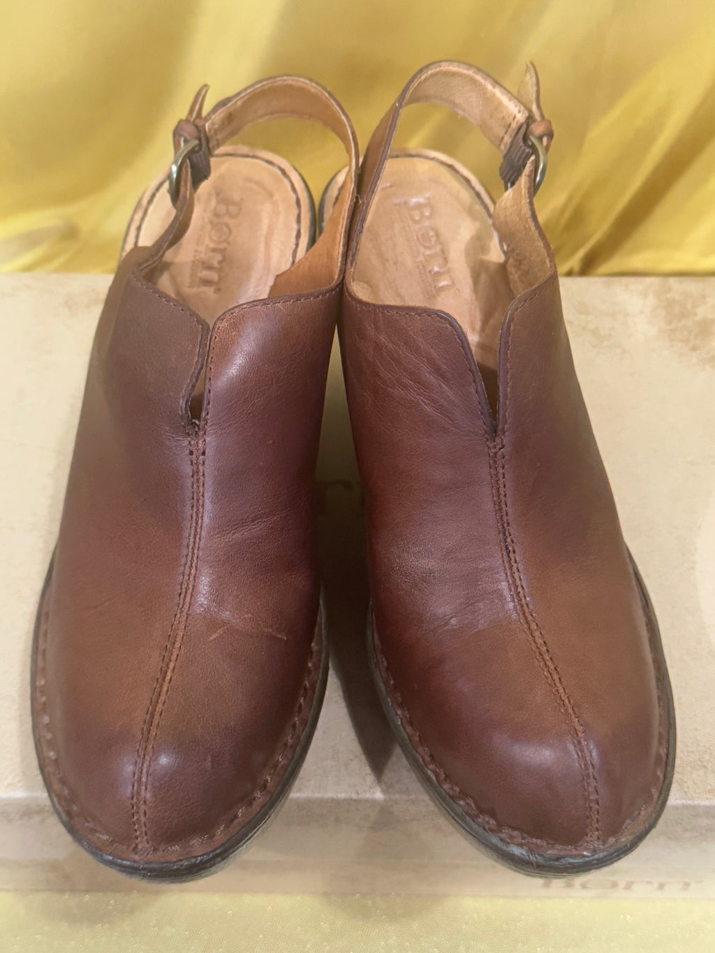 Born Flowers Brown Leather Slingback Wedge Clogs Platform Sandals D85516 Size 7 / 38 NIB