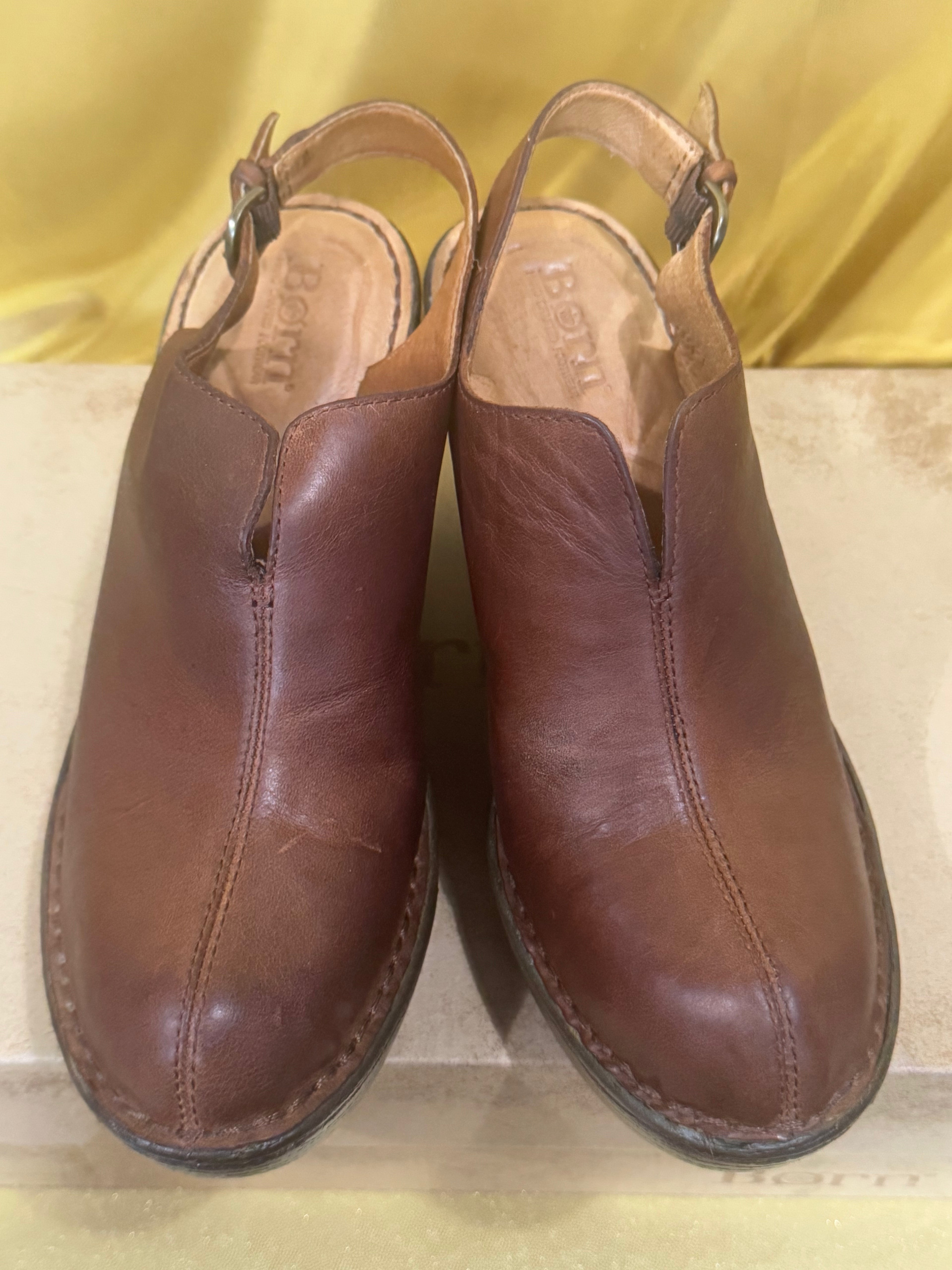 Born Flowers Brown Leather Slingback Wedge Clogs Platform Sandals D85516 Size 7 / 38 NIB