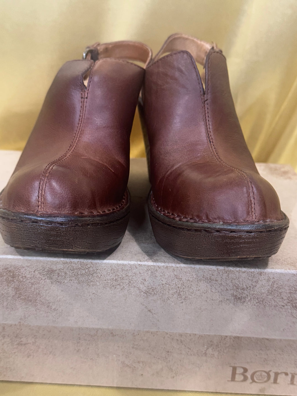 Born Flowers Brown Leather Slingback Wedge Clogs Platform Sandals D85516 Size 7 / 38 NIB