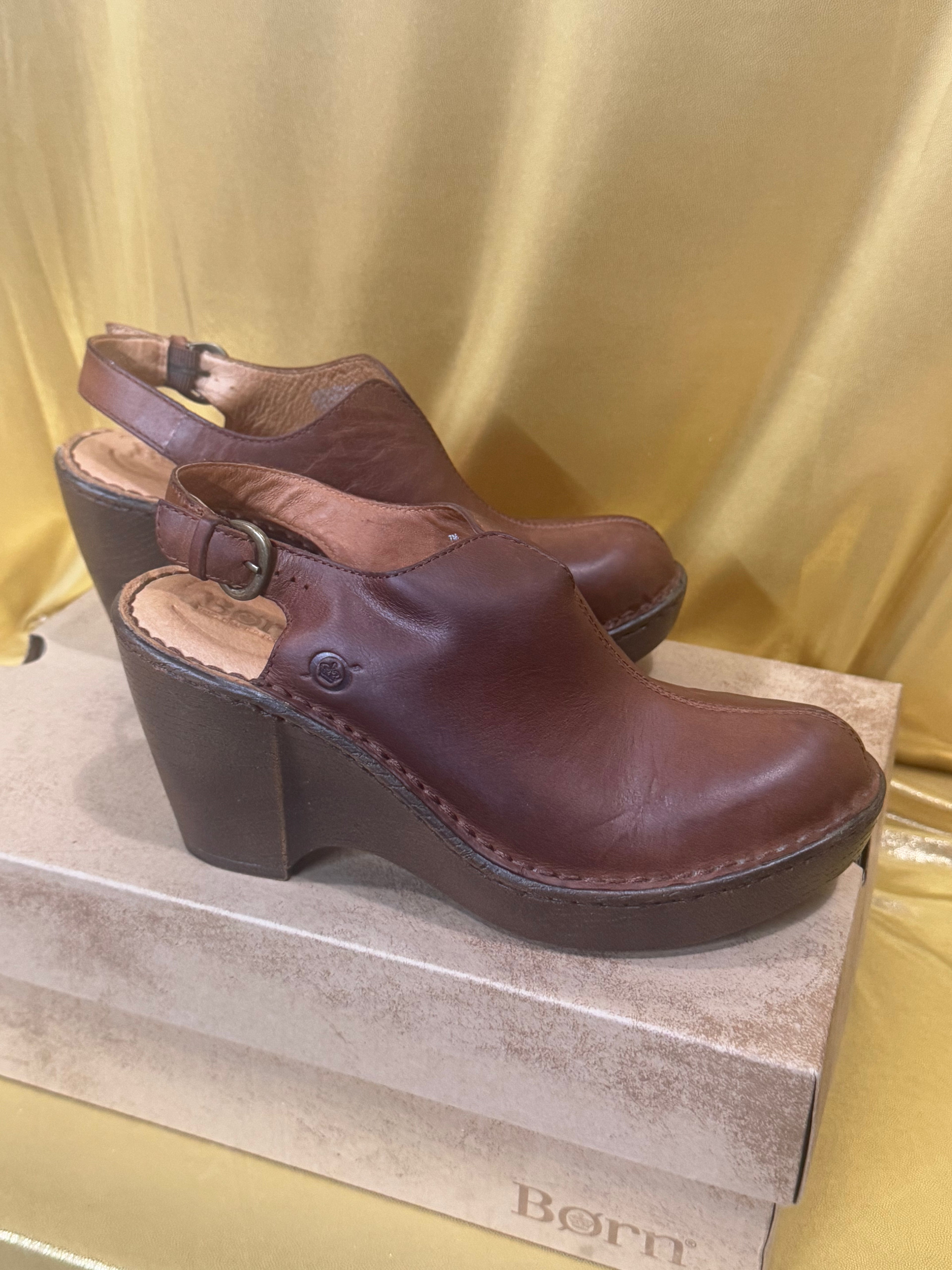 Born Flowers Brown Leather Slingback Wedge Clogs Platform Sandals D85516 Size 7 / 38 NIB