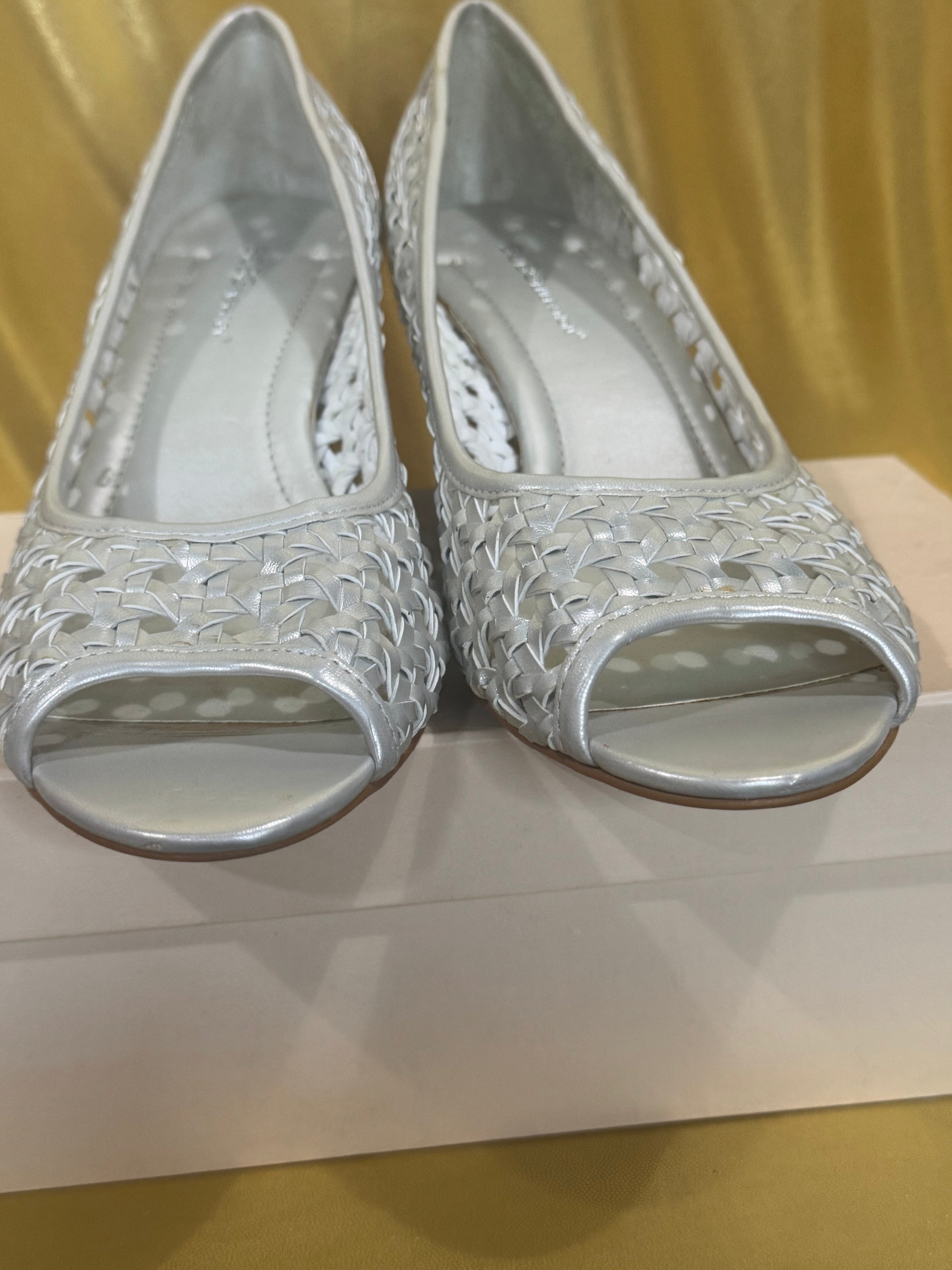 BCBGeneration Silver Woven Peep-Toe Wedge Heels – Size 9.5 (NIB)
