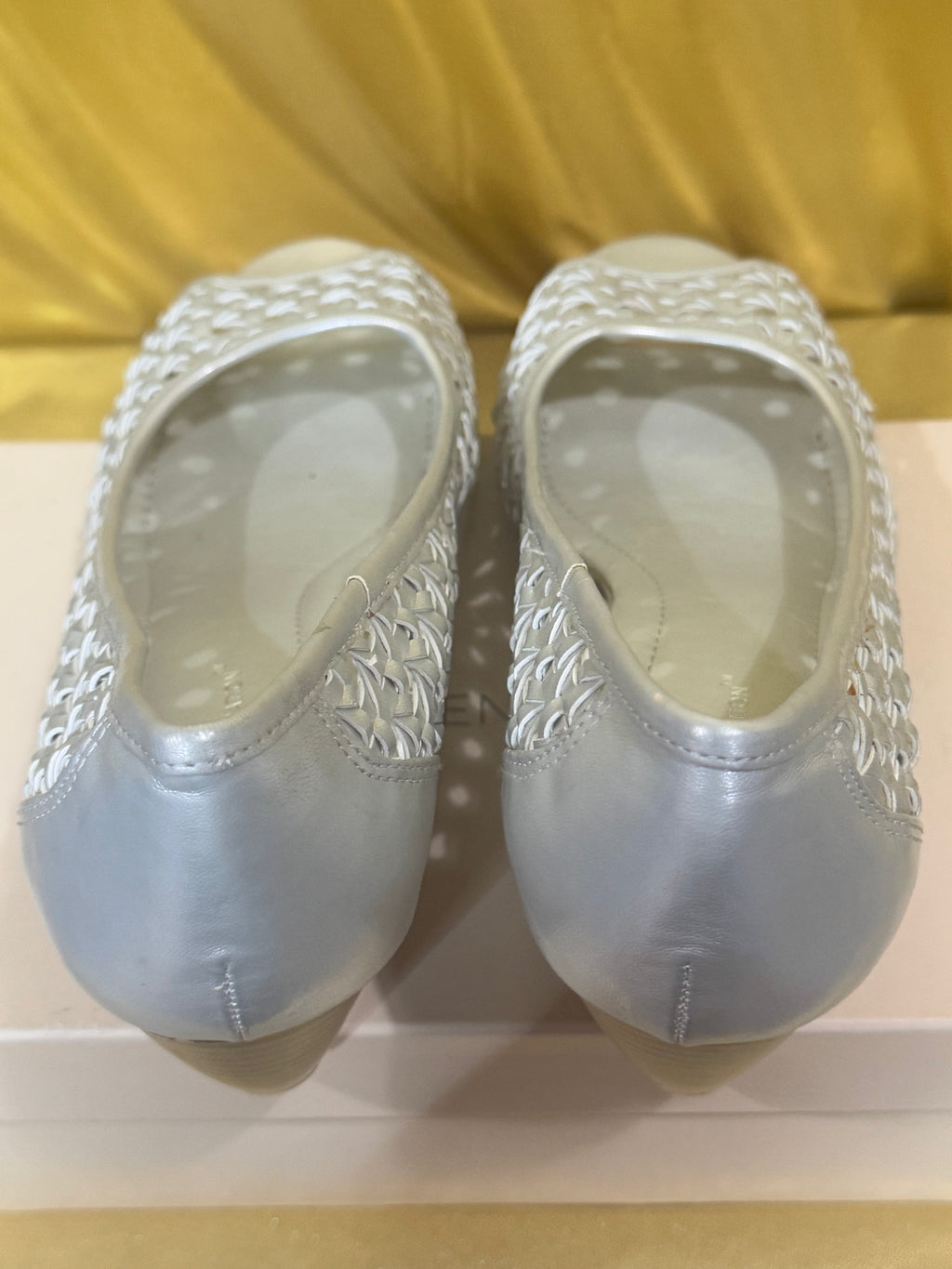 BCBGeneration Silver Woven Peep-Toe Wedge Heels – Size 9.5 (NIB)