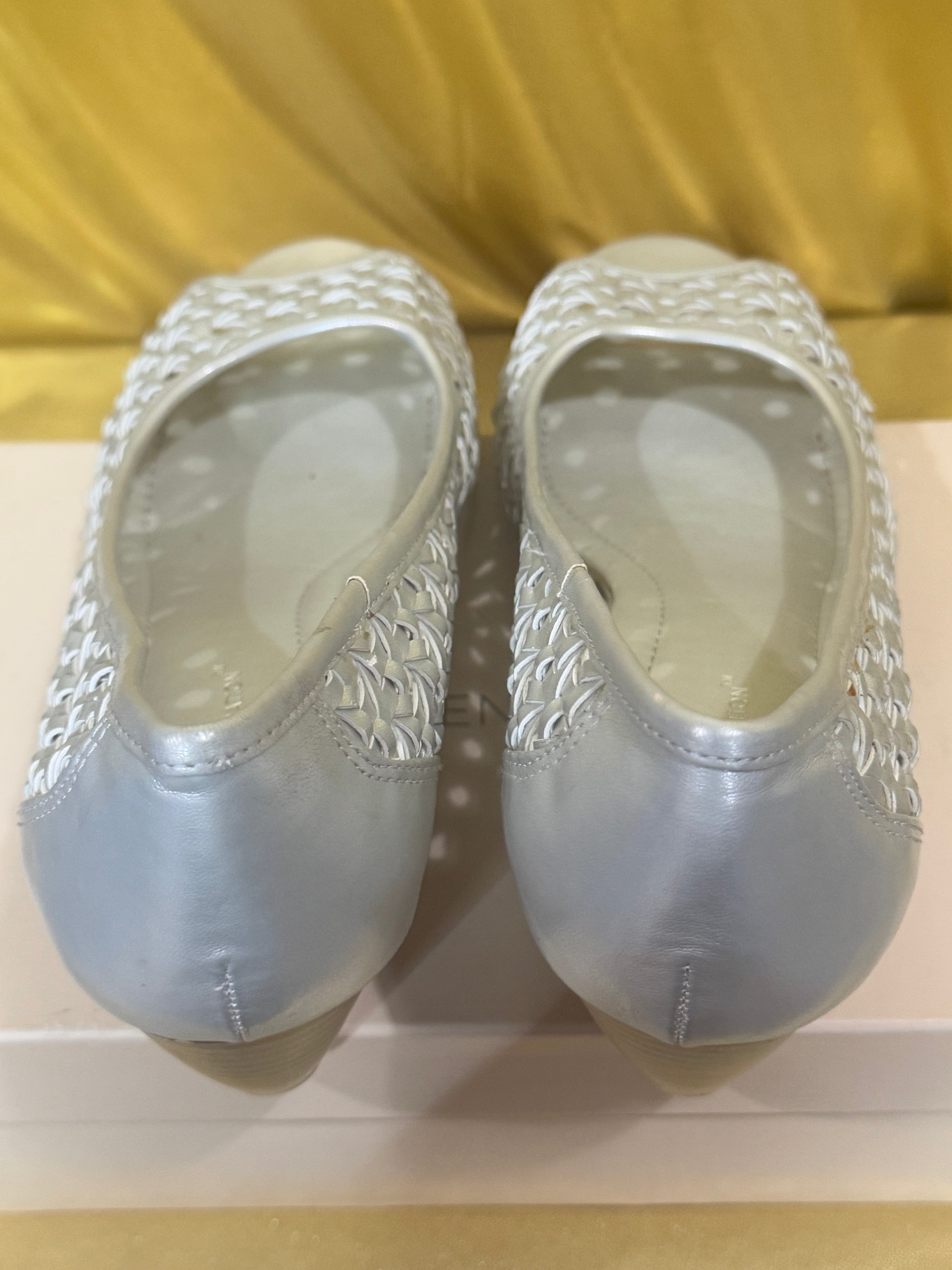 BCBGeneration Silver Woven Peep-Toe Wedge Heels – Size 9.5 (NIB)
