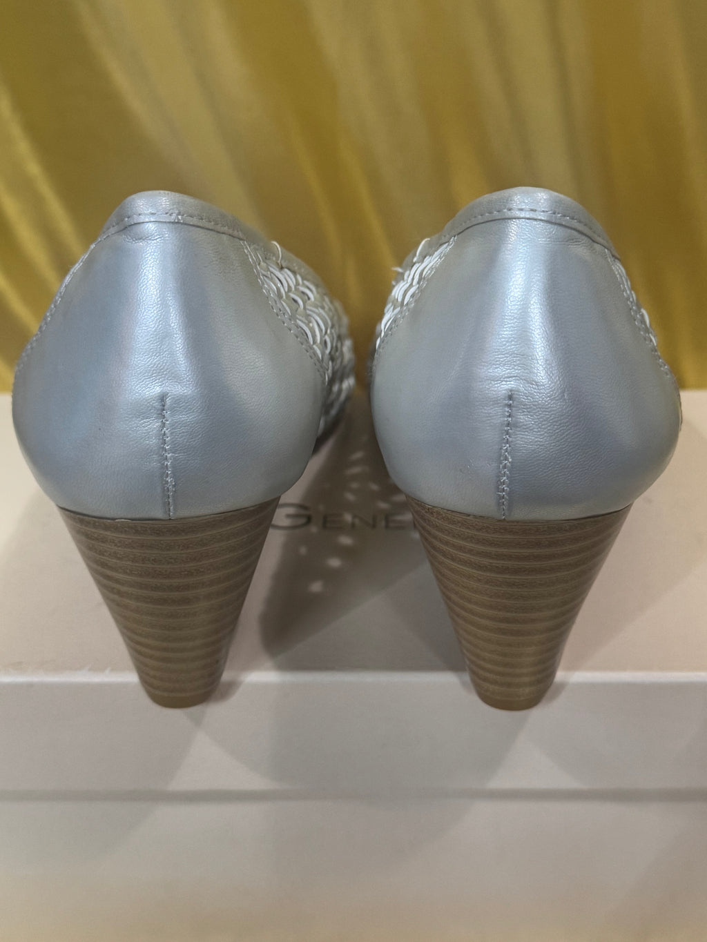BCBGeneration Silver Woven Peep-Toe Wedge Heels – Size 9.5 (NIB)