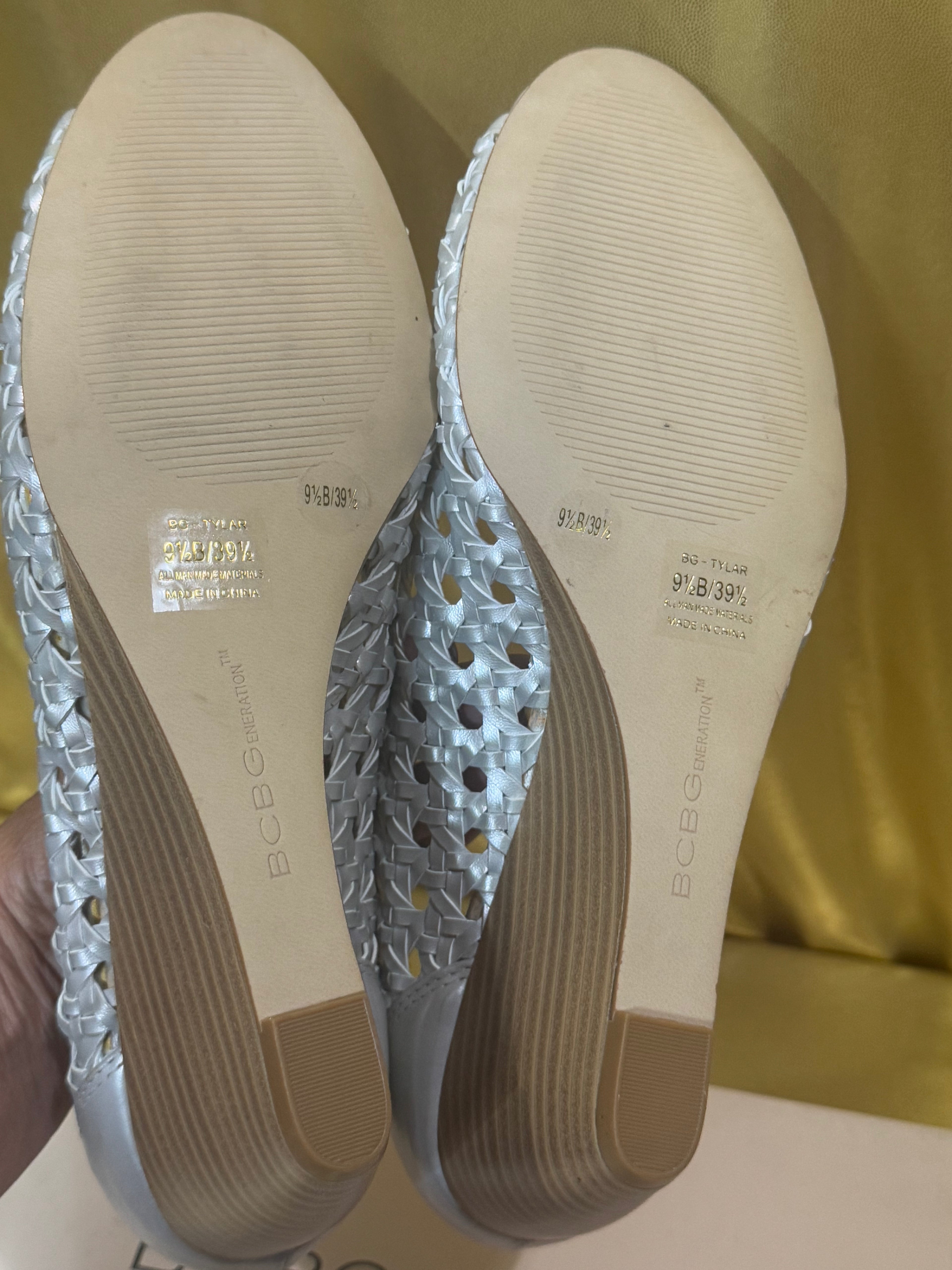 BCBGeneration Silver Woven Peep-Toe Wedge Heels – Size 9.5 (NIB)