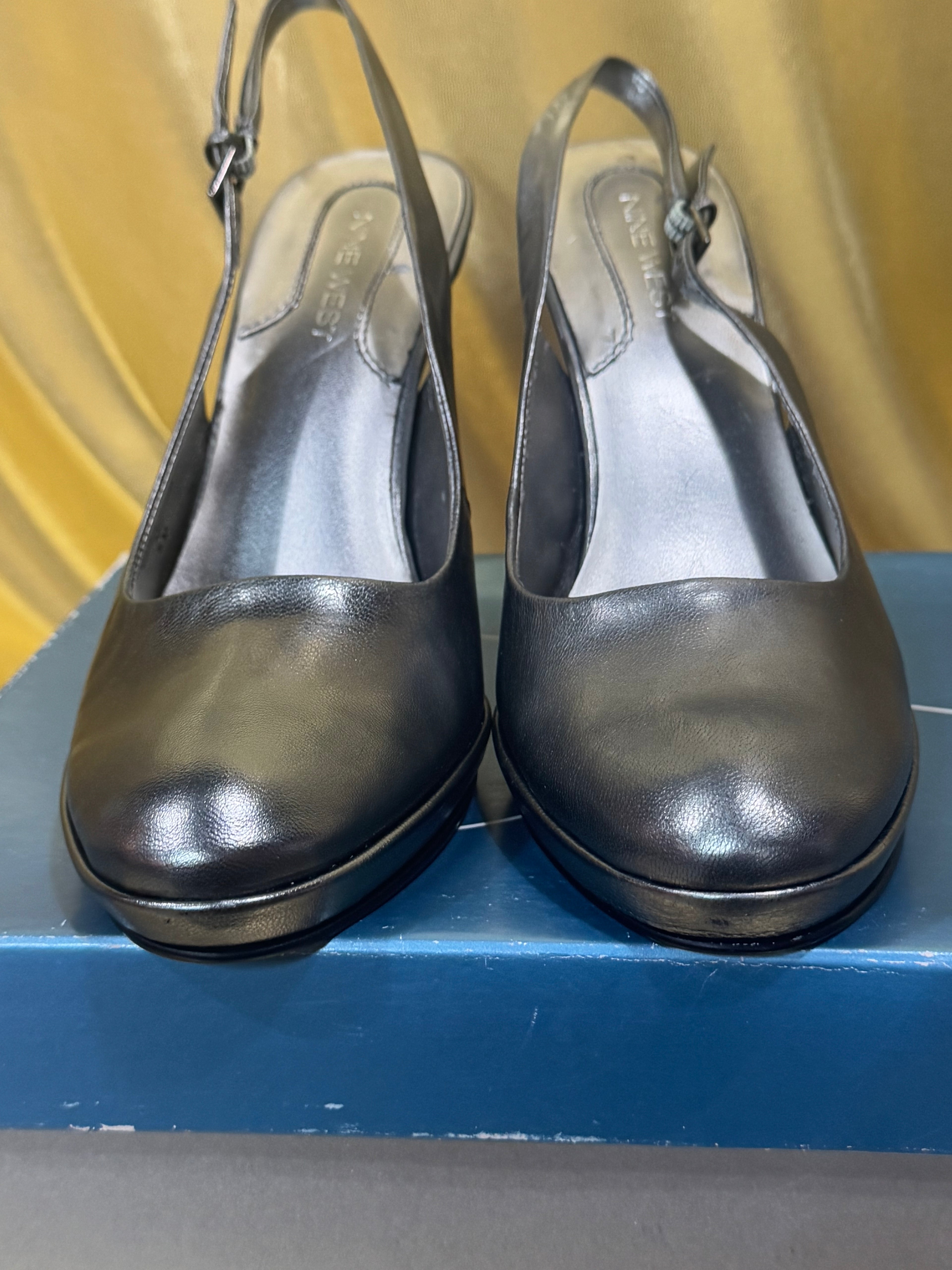 ✨ NIB Nine West KARA Pewter Leather Slingback Platform Heels - Size 8 ✨