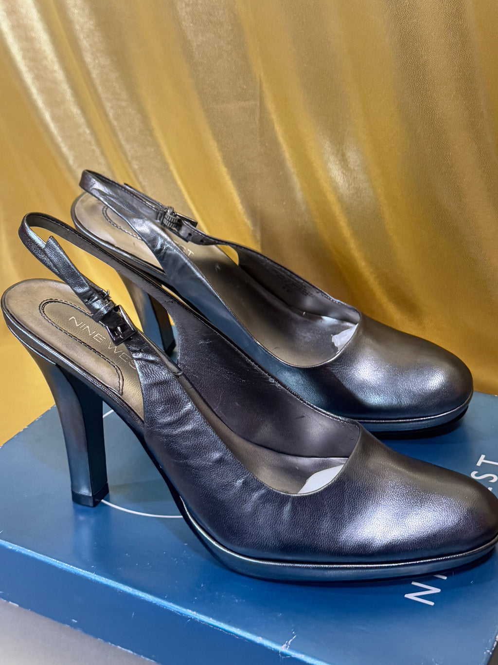 ✨ NIB Nine West KARA Pewter Leather Slingback Platform Heels - Size 8 ✨