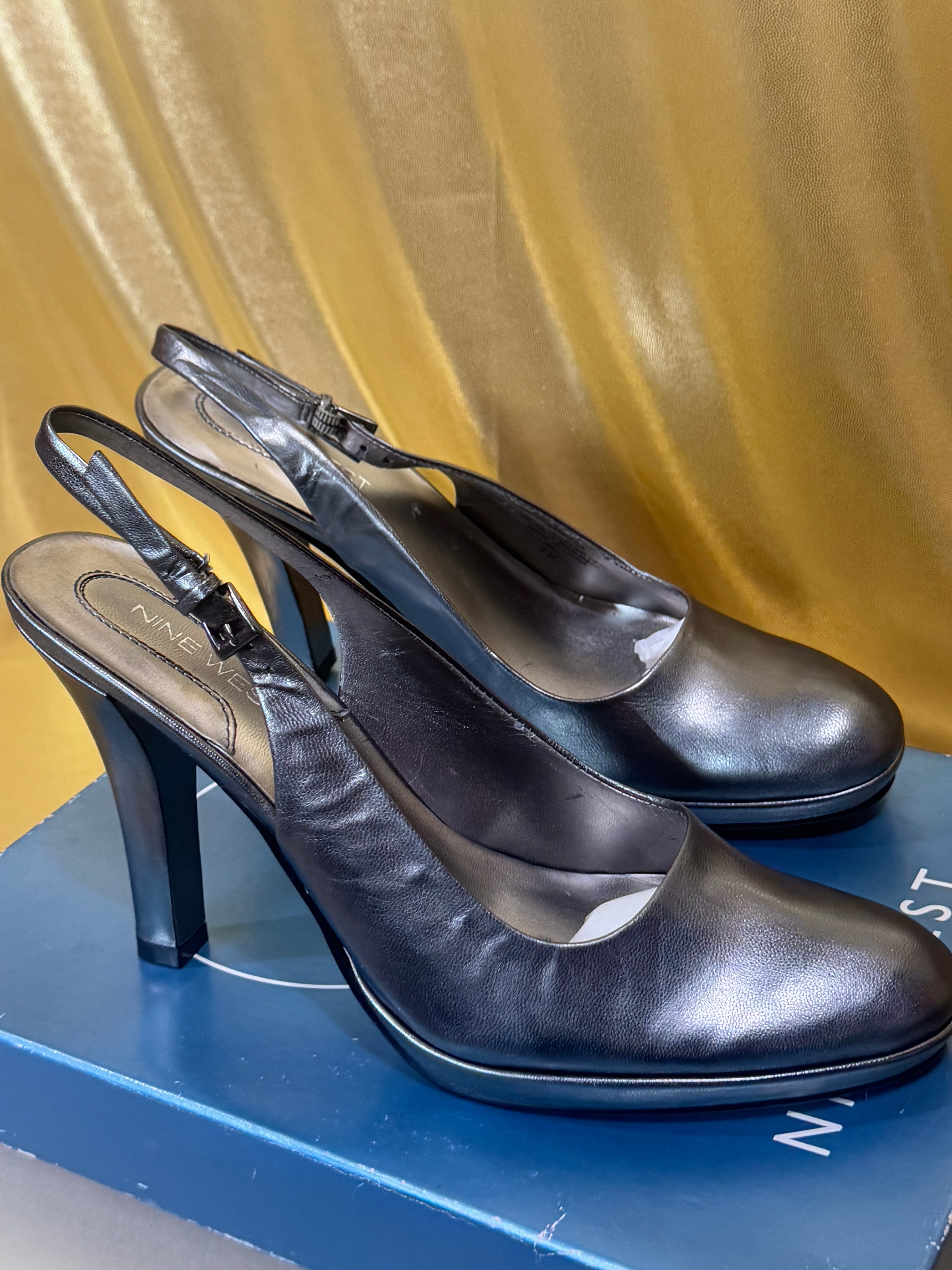 ✨ NIB Nine West KARA Pewter Leather Slingback Platform Heels - Size 8 ✨