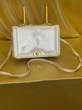 Vintage Cream Leather Flap Crossbody Bag – Turn-Lock Chain Convertible Mini Purse with Built-In Mirror