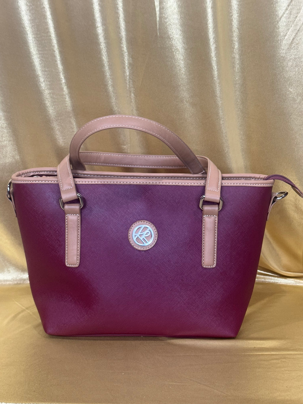 Kim Rogers Burgundy Tote Bag Saffiano Faux Leather Multi Compartment Shoulder Purse 13x8"