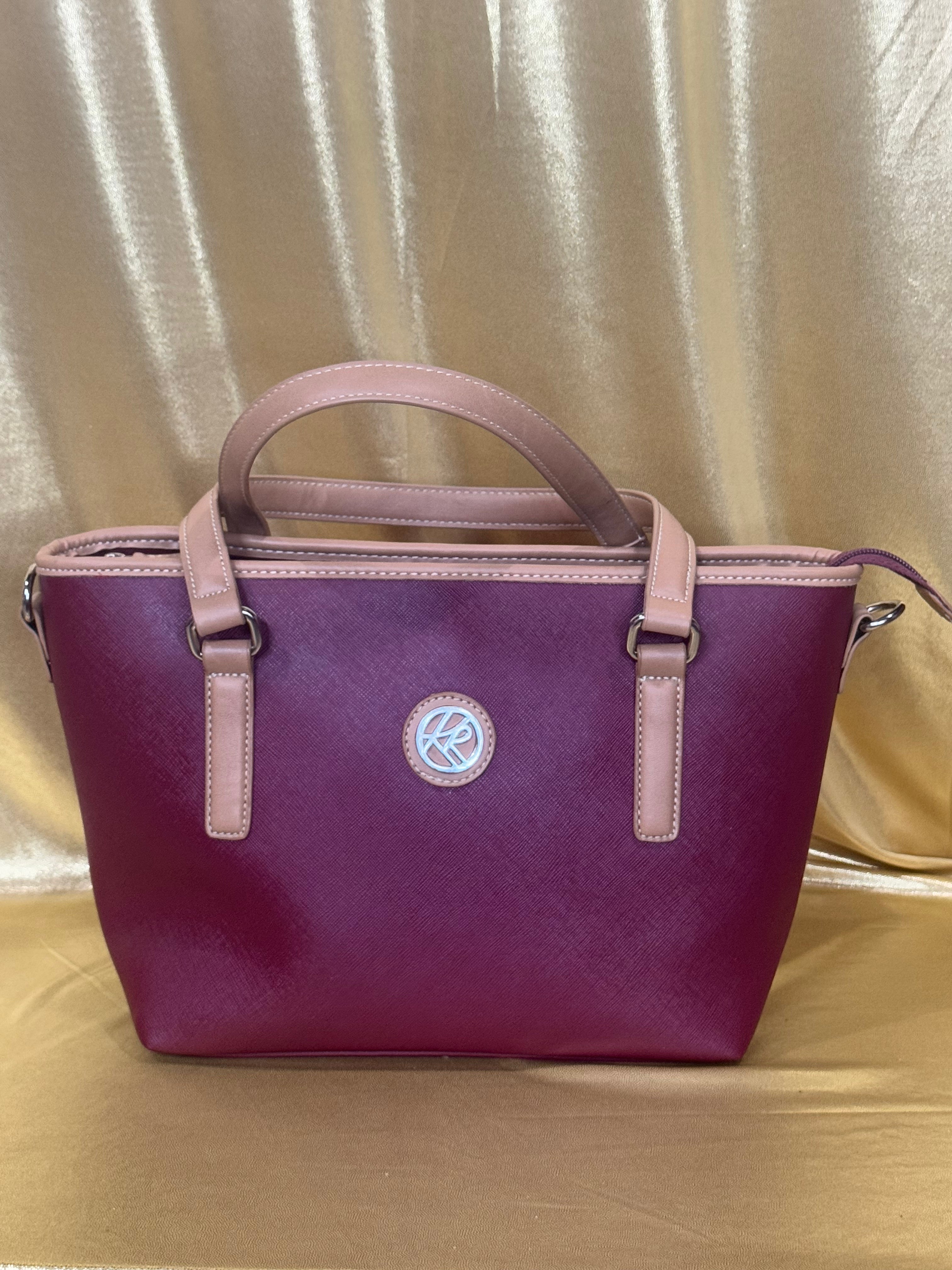 Kim Rogers Burgundy Tote Bag Saffiano Faux Leather Multi Compartment Shoulder Purse 13x8"