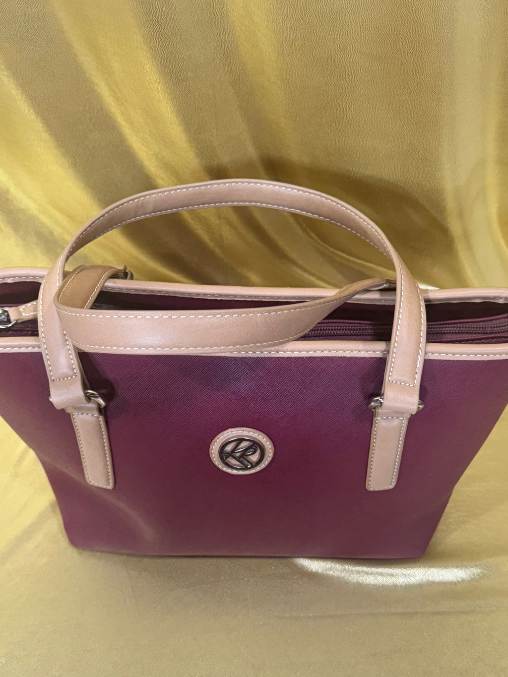 Kim Rogers Burgundy Tote Bag Saffiano Faux Leather Multi Compartment Shoulder Purse 13x8"