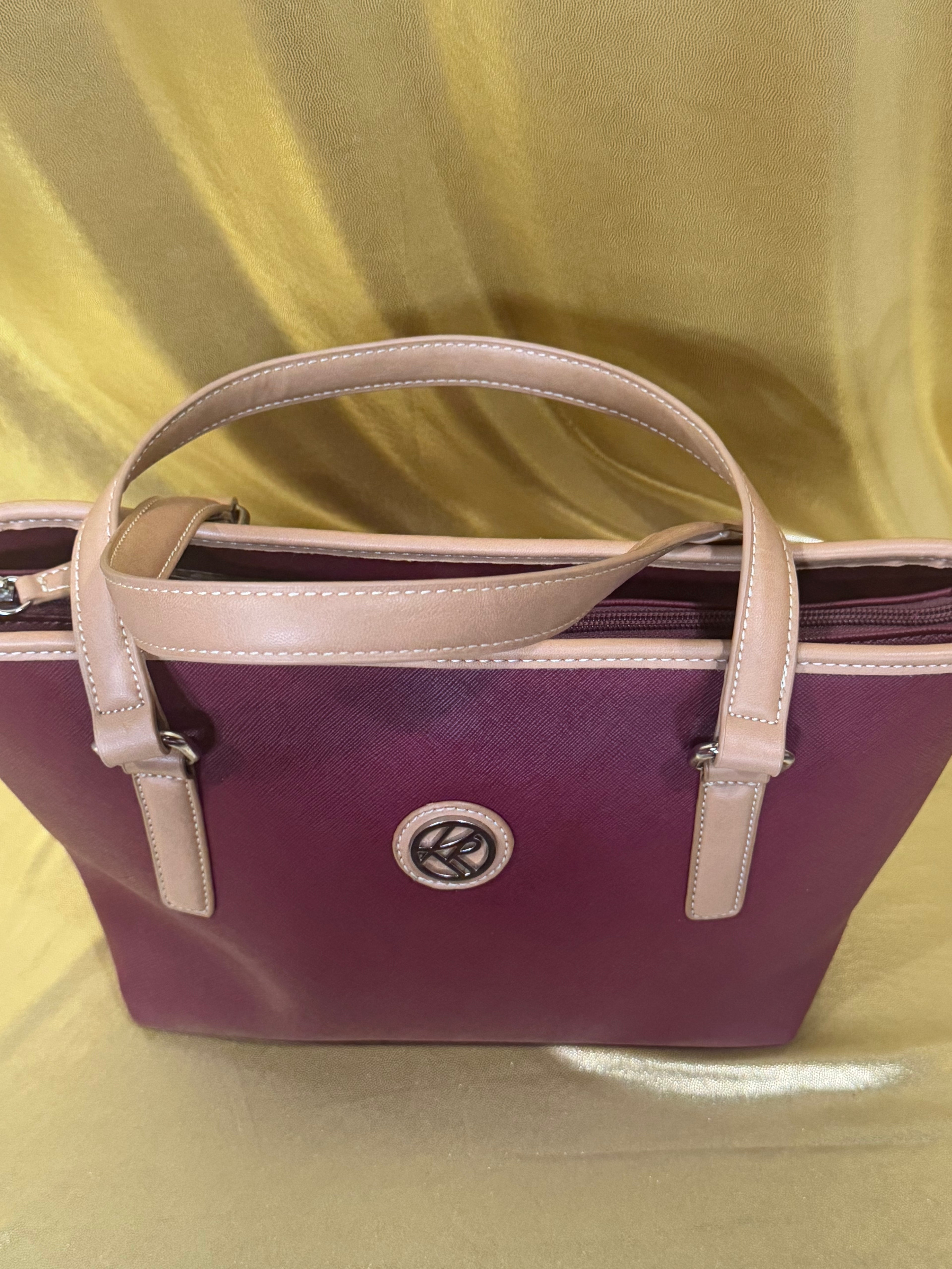 Kim Rogers Burgundy Tote Bag Saffiano Faux Leather Multi Compartment Shoulder Purse 13x8"