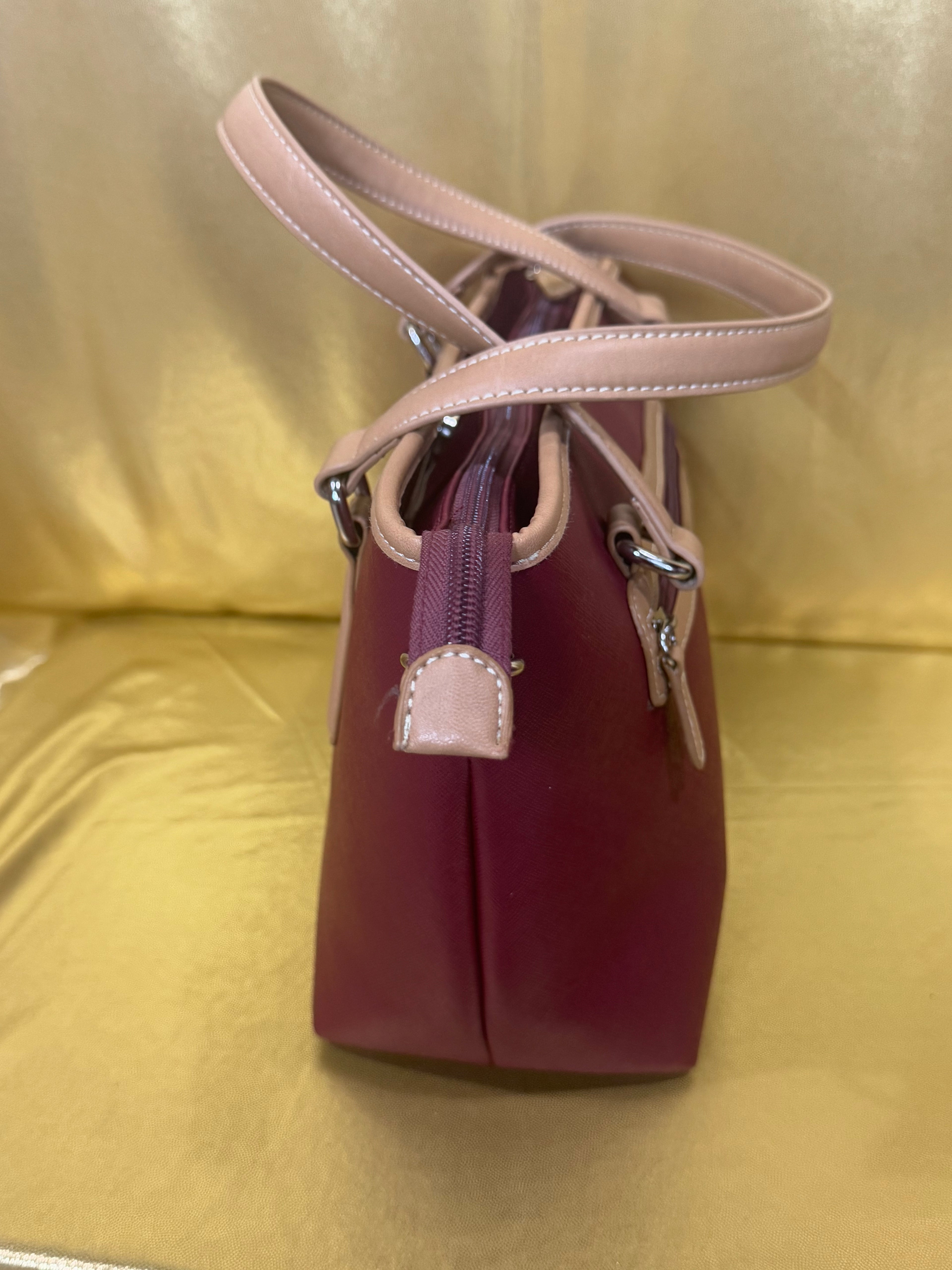 Kim Rogers Burgundy Tote Bag Saffiano Faux Leather Multi Compartment Shoulder Purse 13x8"