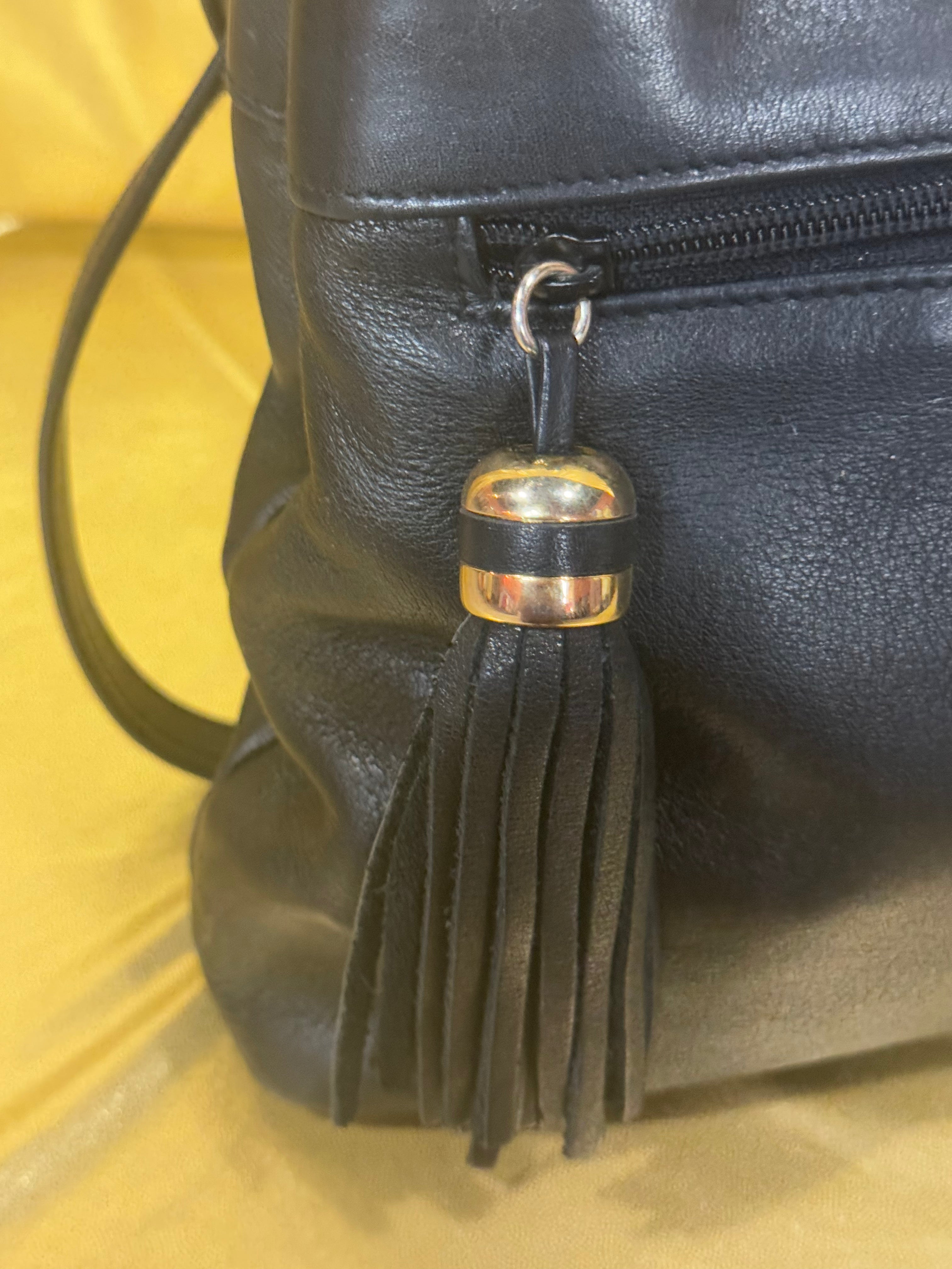 Vintage Tignanello Black Leather Shoulder Bag with Tassel Accent