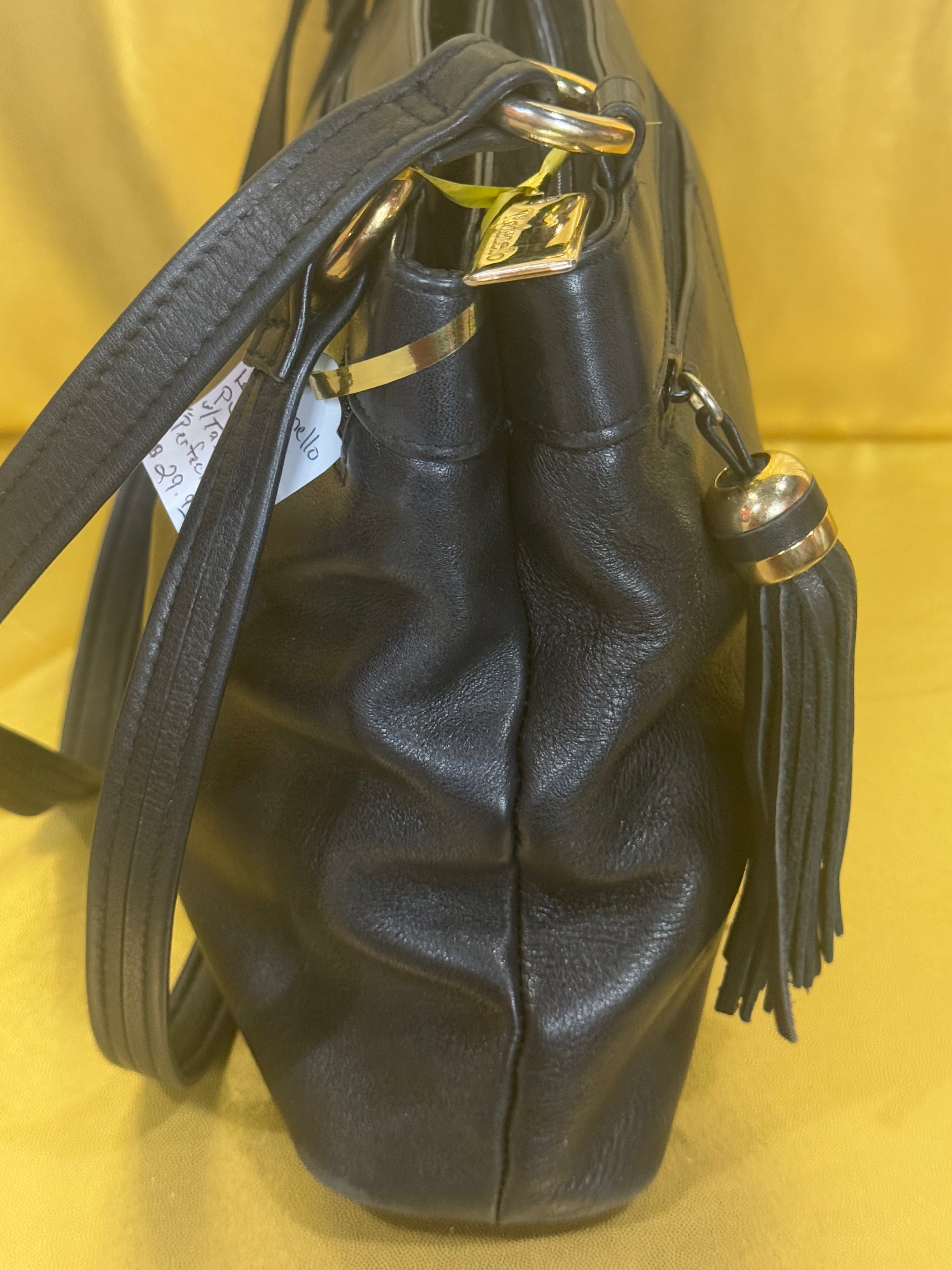 Vintage Tignanello Black Leather Shoulder Bag with Tassel Accent