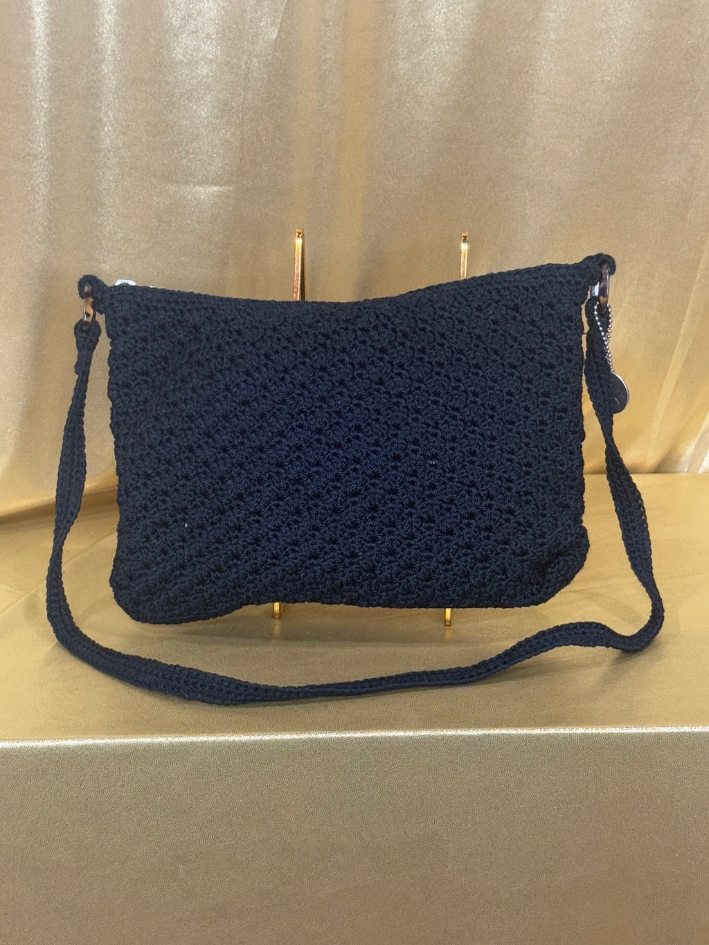 Vintage Y2K The Sak Black Crochet Woven 3-in-1 Demi Hobo Bag with Tortoise Shell Detail