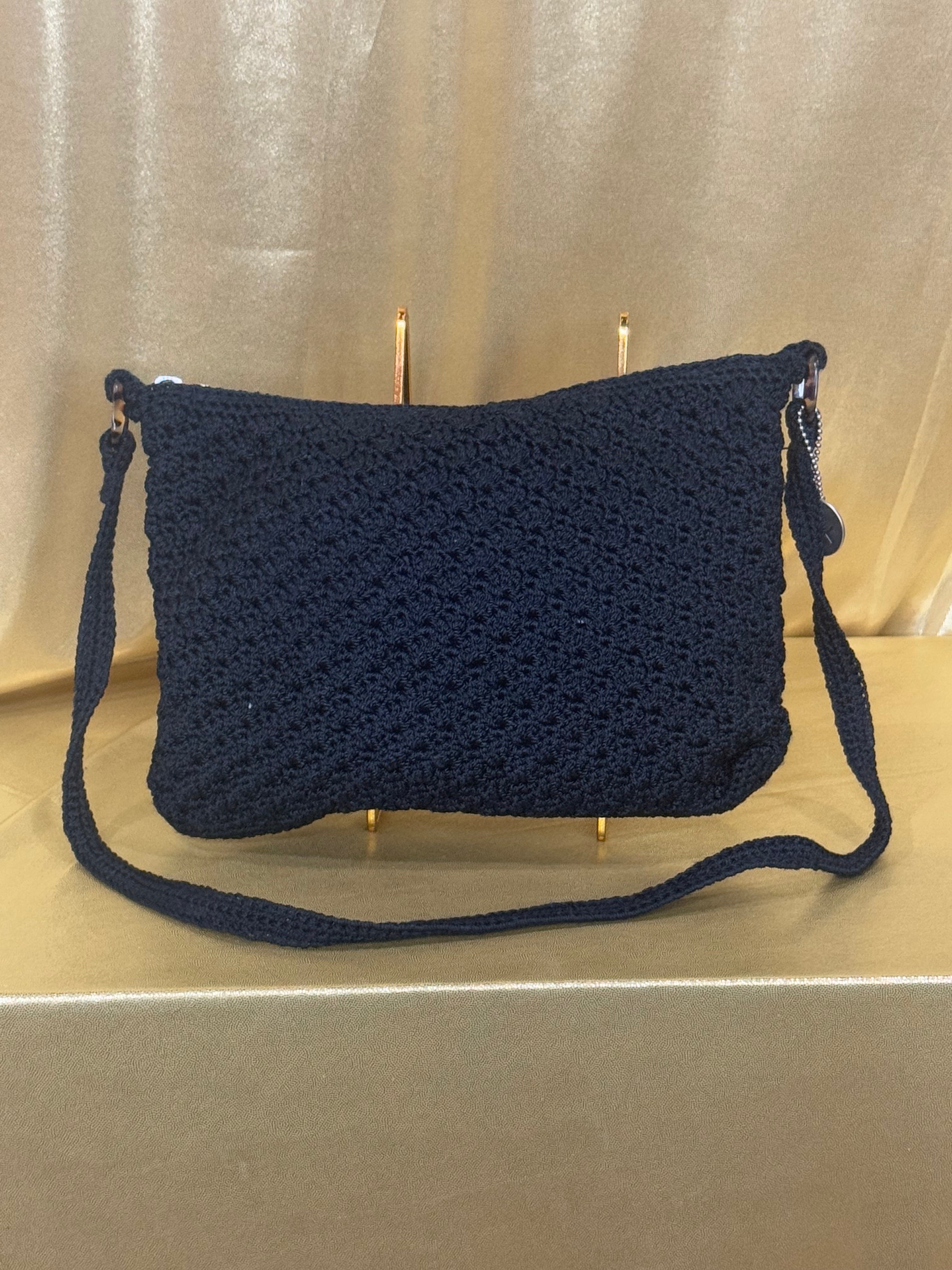 Vintage Y2K The Sak Black Crochet Woven 3-in-1 Demi Hobo Bag with Tortoise Shell Detail