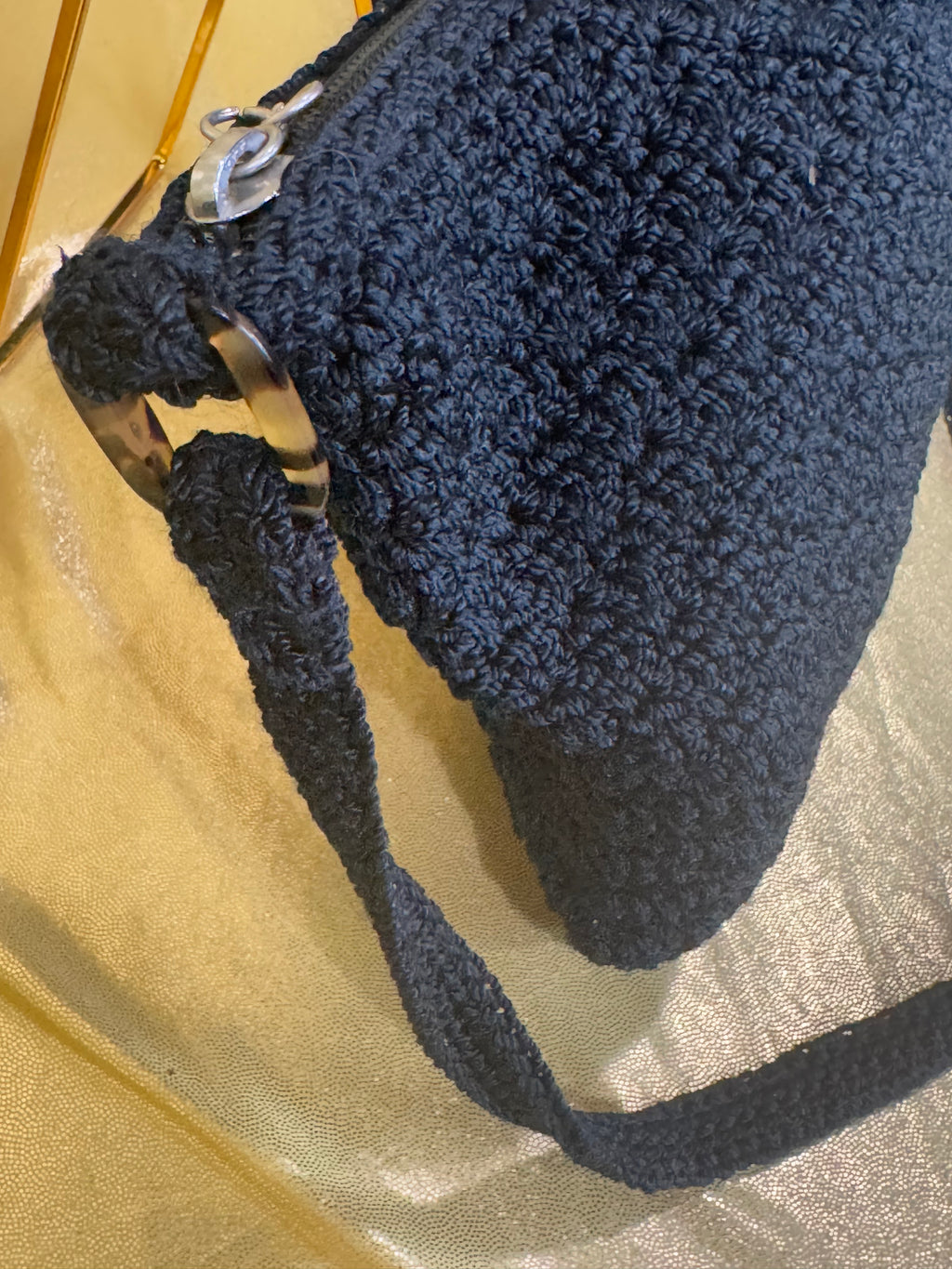 Vintage Y2K The Sak Black Crochet Woven 3-in-1 Demi Hobo Bag with Tortoise Shell Detail