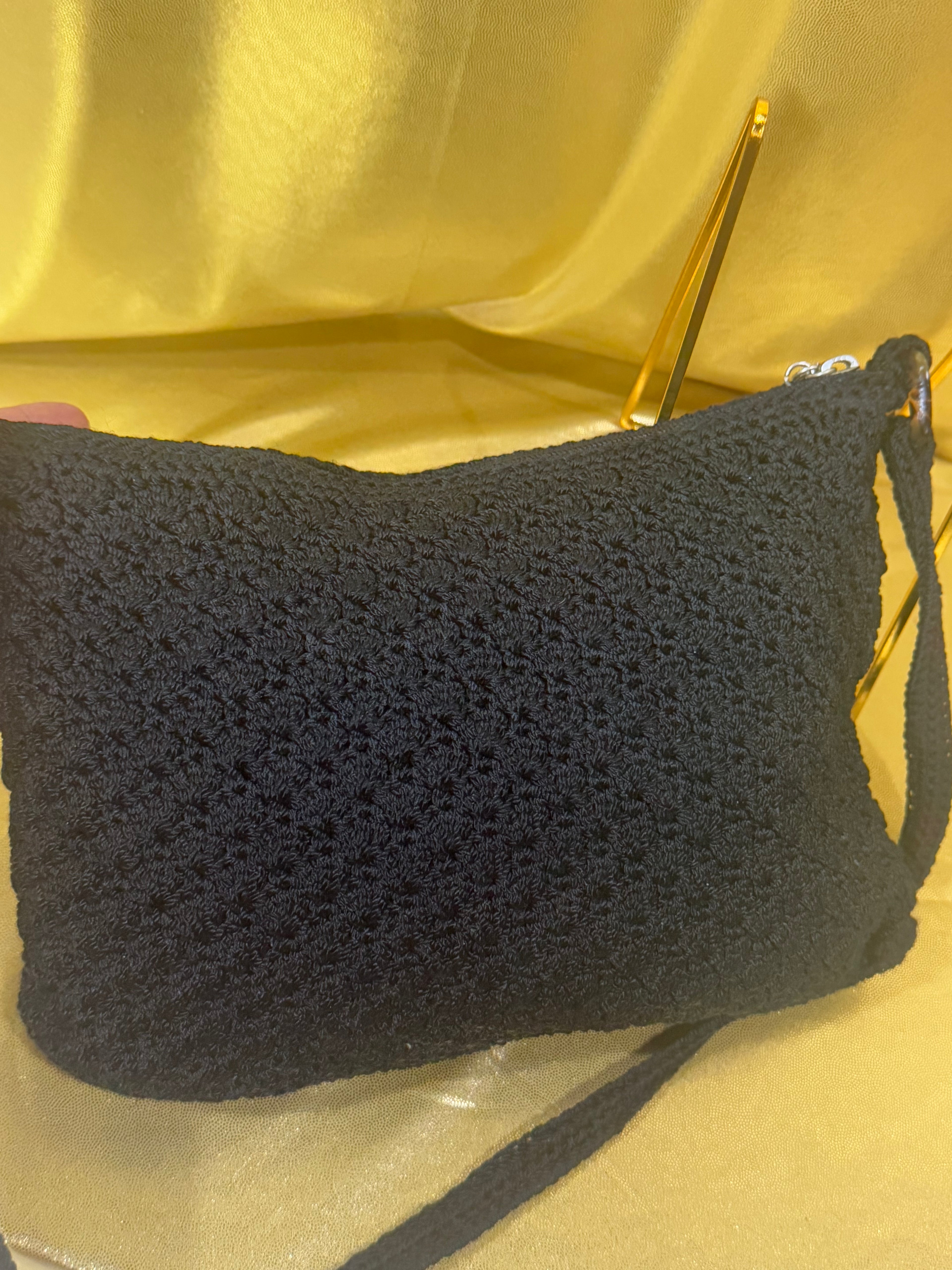 Vintage Y2K The Sak Black Crochet Woven 3-in-1 Demi Hobo Bag with Tortoise Shell Detail