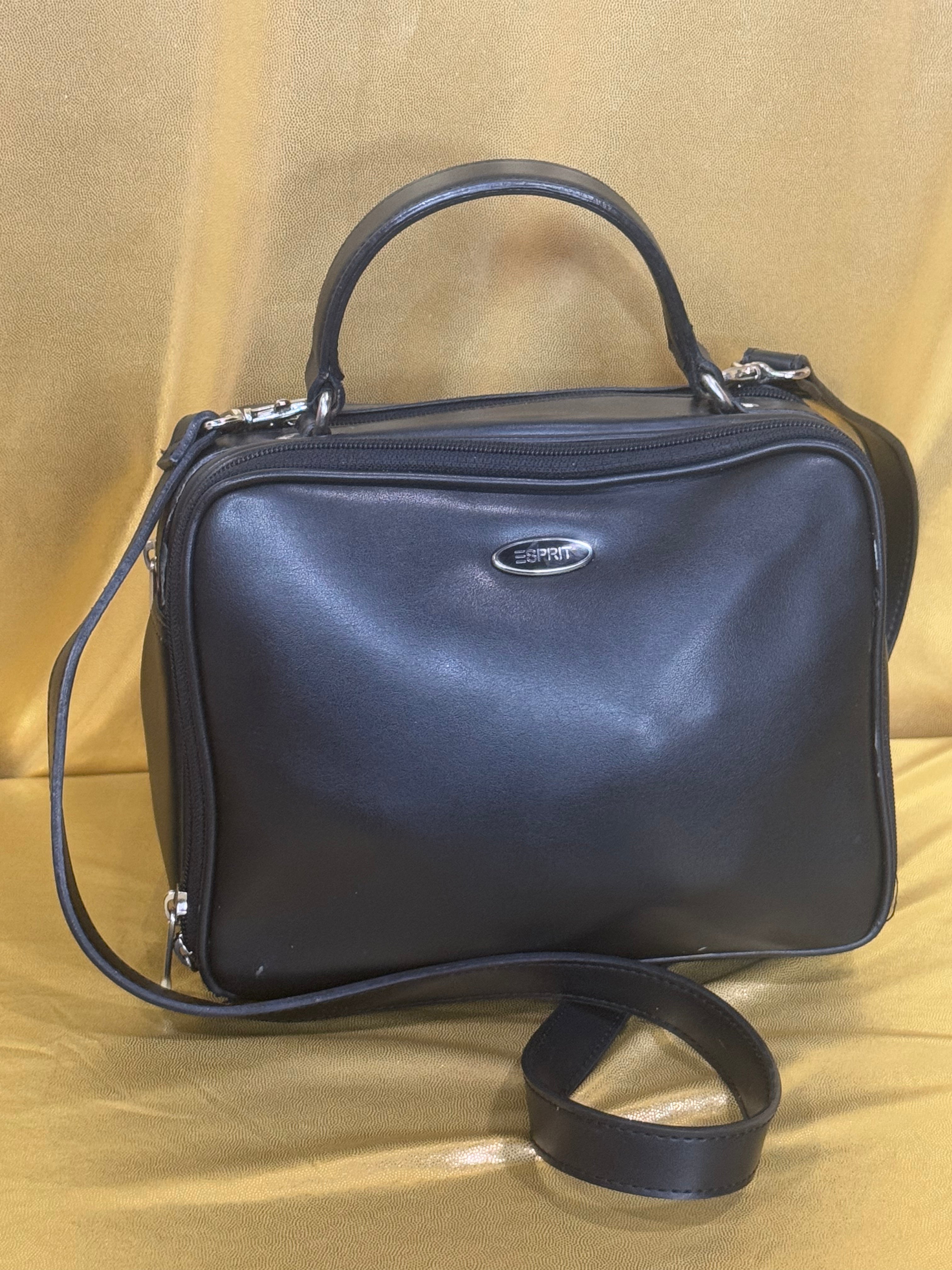 Vintage 90s Y2K Esprit Black Mini Bowler Bag | Multi-Compartment Crossbody Satchel