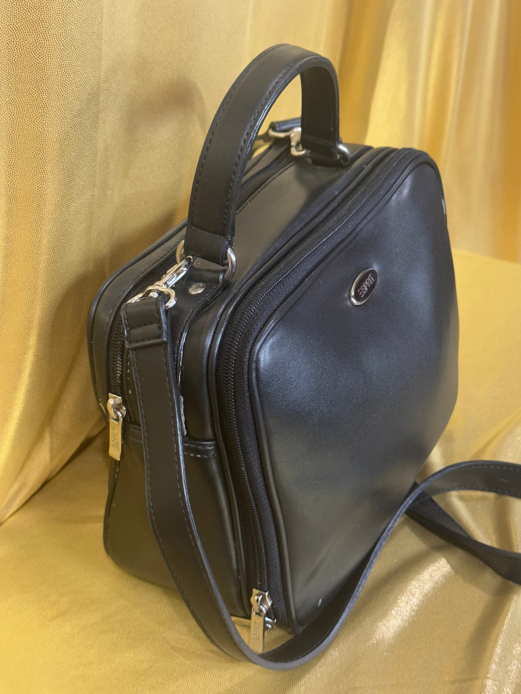 Vintage 90s Y2K Esprit Black Mini Bowler Bag | Multi-Compartment Crossbody Satchel