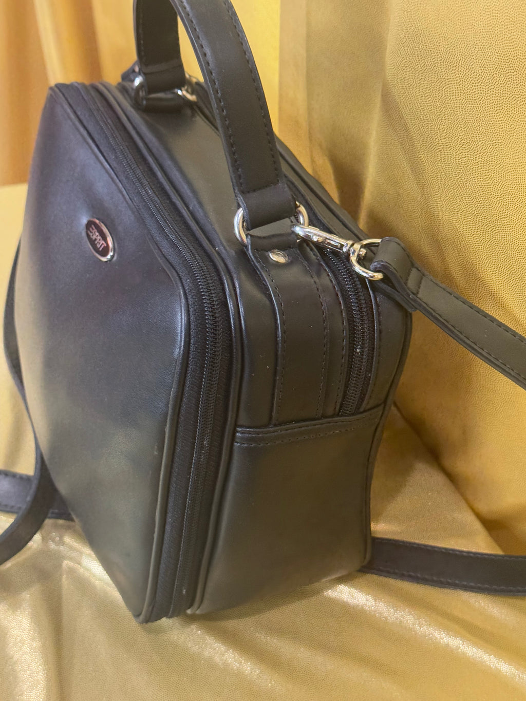 Vintage 90s Y2K Esprit Black Mini Bowler Bag | Multi-Compartment Crossbody Satchel
