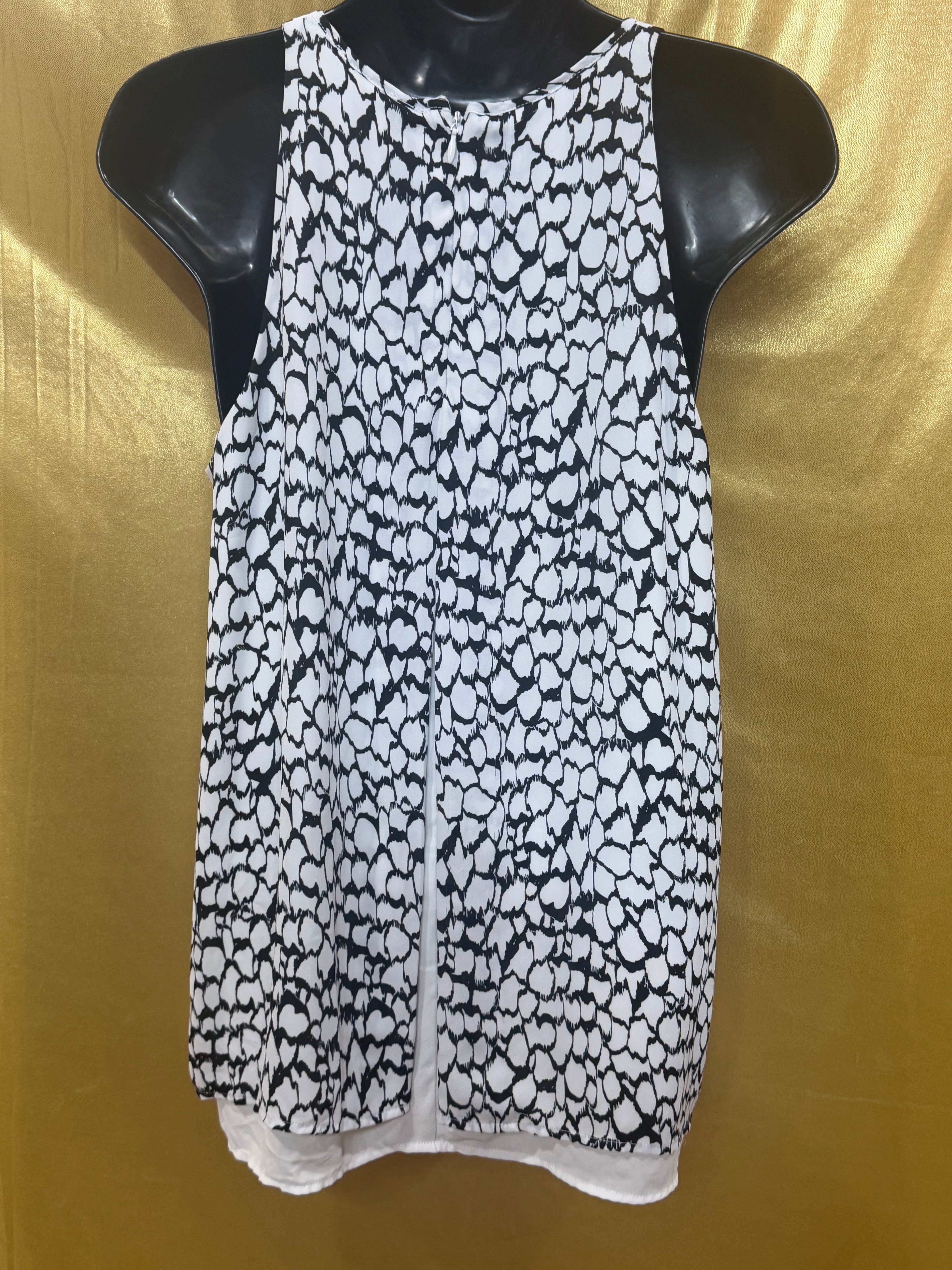 DALIA Black & White Pebble Print Split Back Tank Top - Size M - Zipper Neck