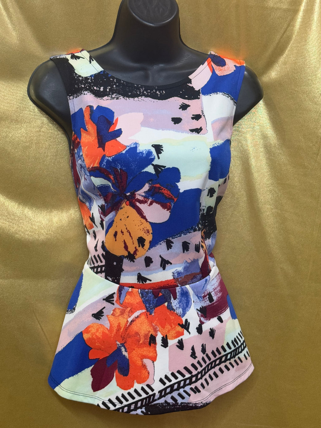 Bar III Vibrant Colorful Abstract Floral Sleeveless Zip Back Peplum Top M