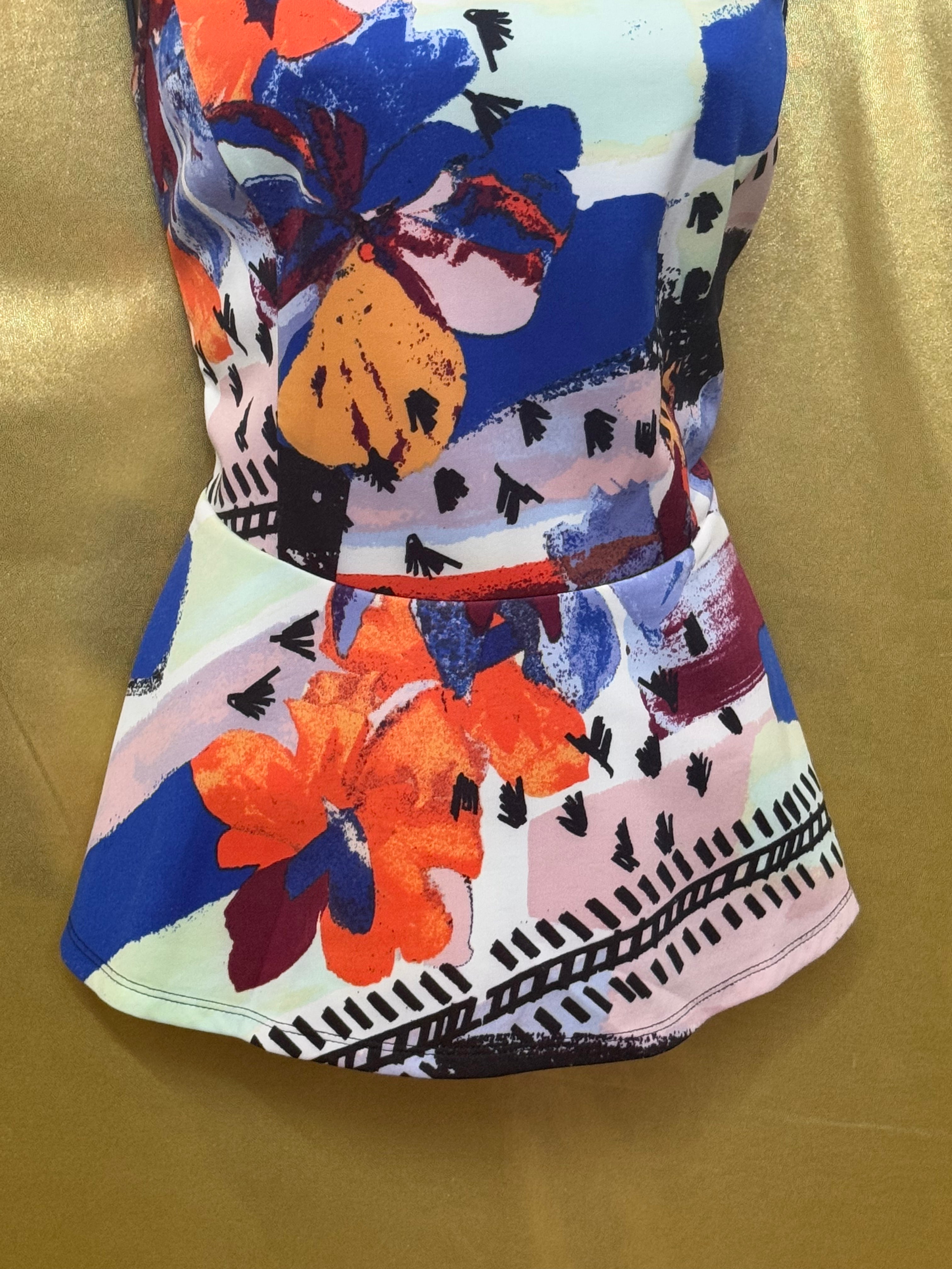 Bar III Vibrant Colorful Abstract Floral Sleeveless Zip Back Peplum Top M