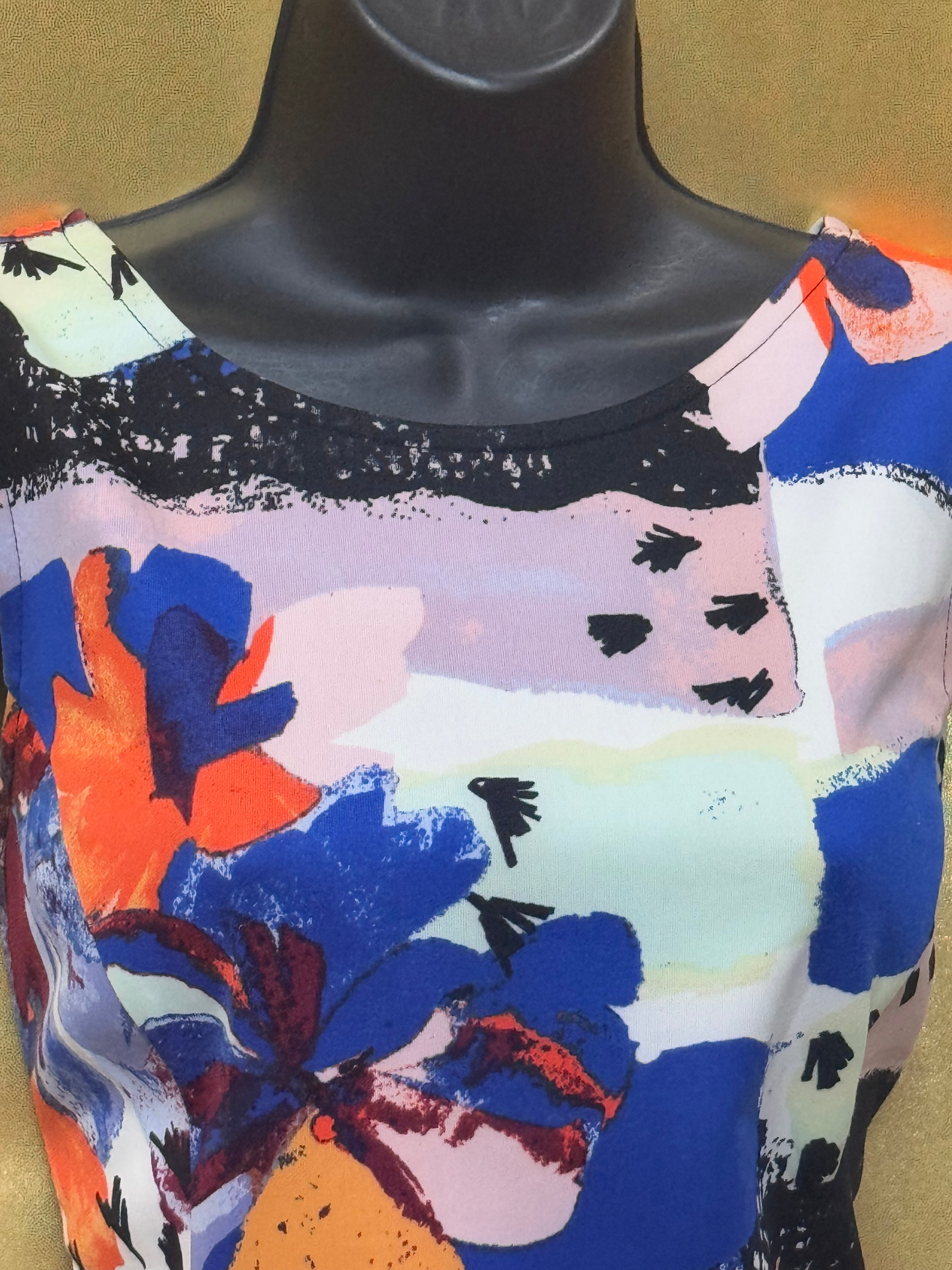 Bar III Vibrant Colorful Abstract Floral Sleeveless Zip Back Peplum Top M