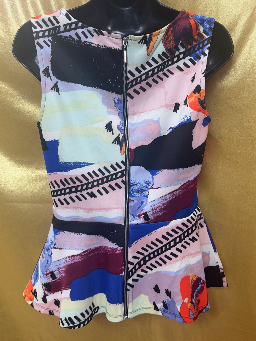Bar III Vibrant Colorful Abstract Floral Sleeveless Zip Back Peplum Top M