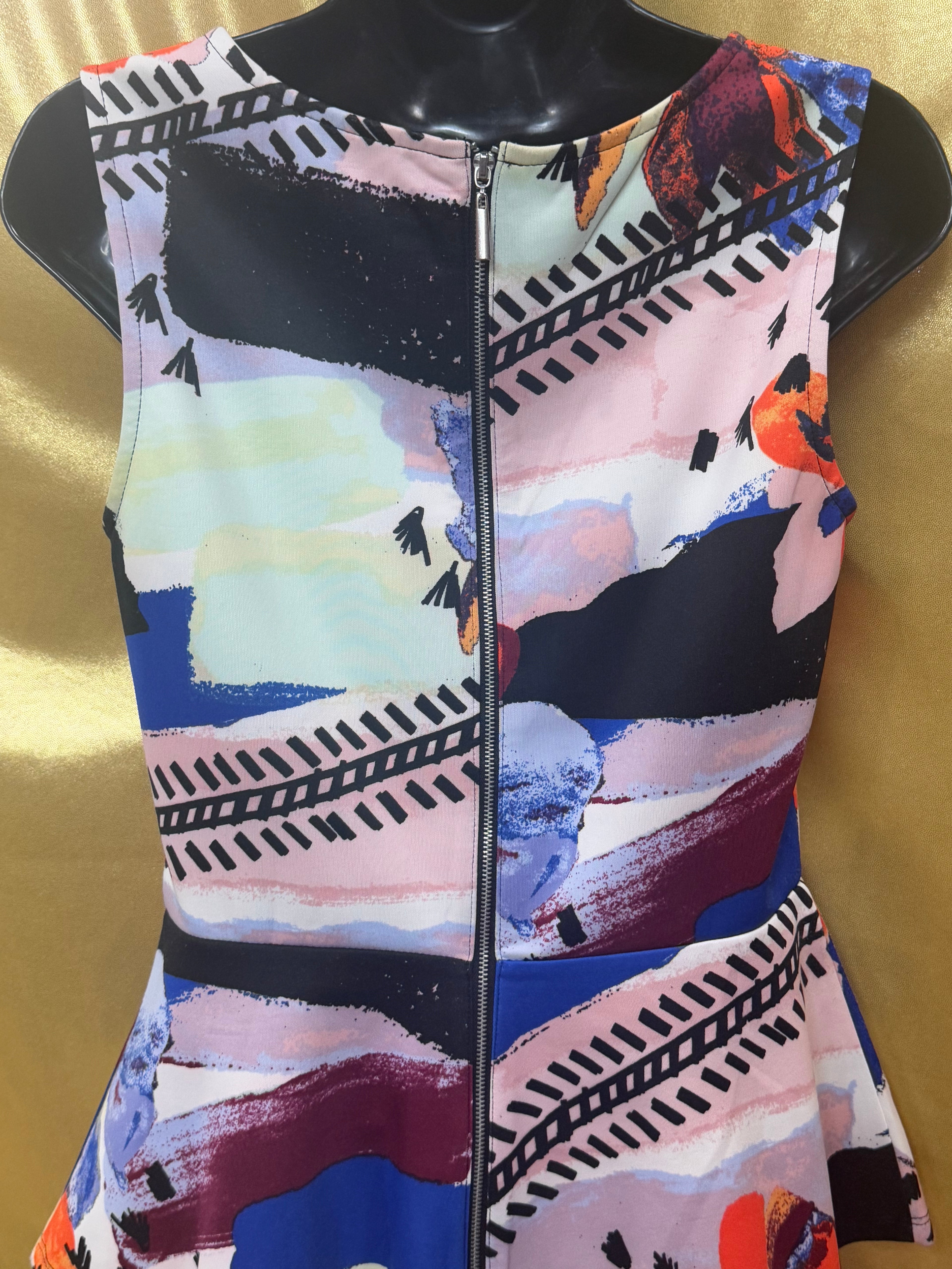 Bar III Vibrant Colorful Abstract Floral Sleeveless Zip Back Peplum Top M