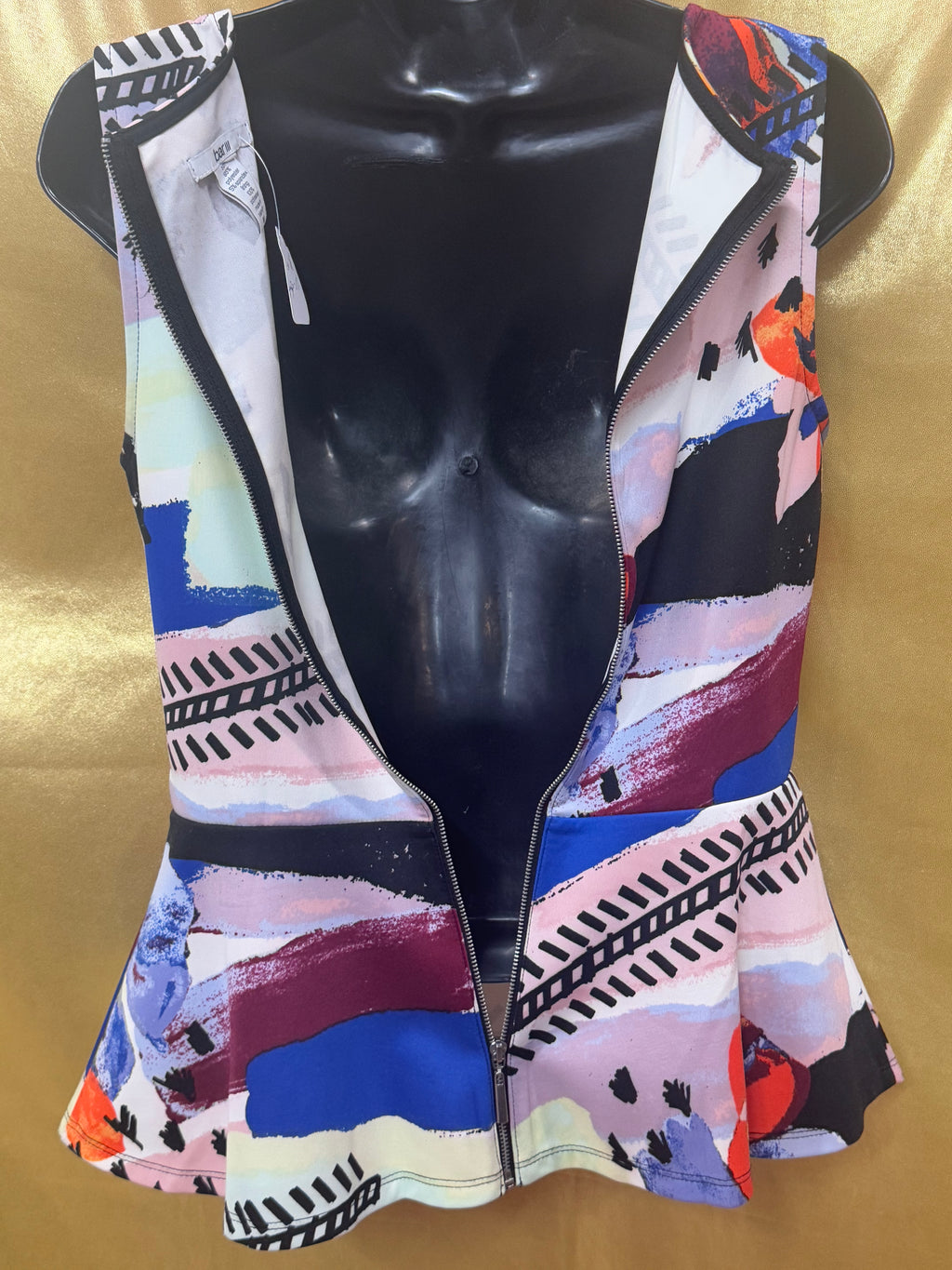Bar III Vibrant Colorful Abstract Floral Sleeveless Zip Back Peplum Top M