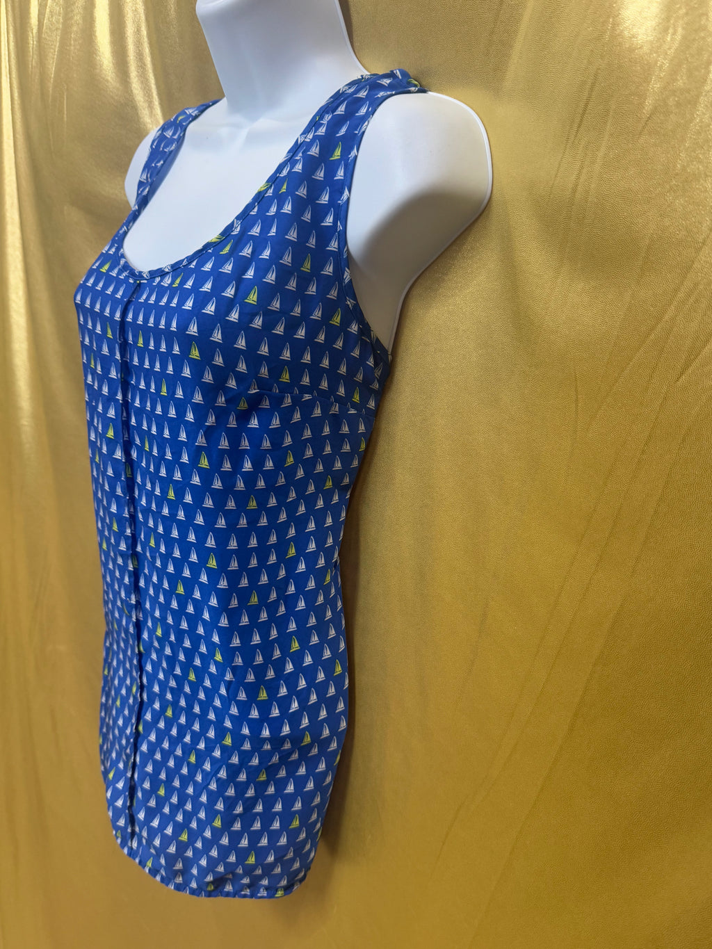Merona Blue Sailboat Print Sleeveless Blouse Tank Top Medium Pleated