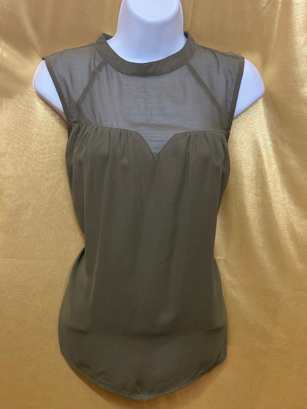 FAB’RIK Olive Green Sheer Mesh Yoke Sleeveless Blouse - Small