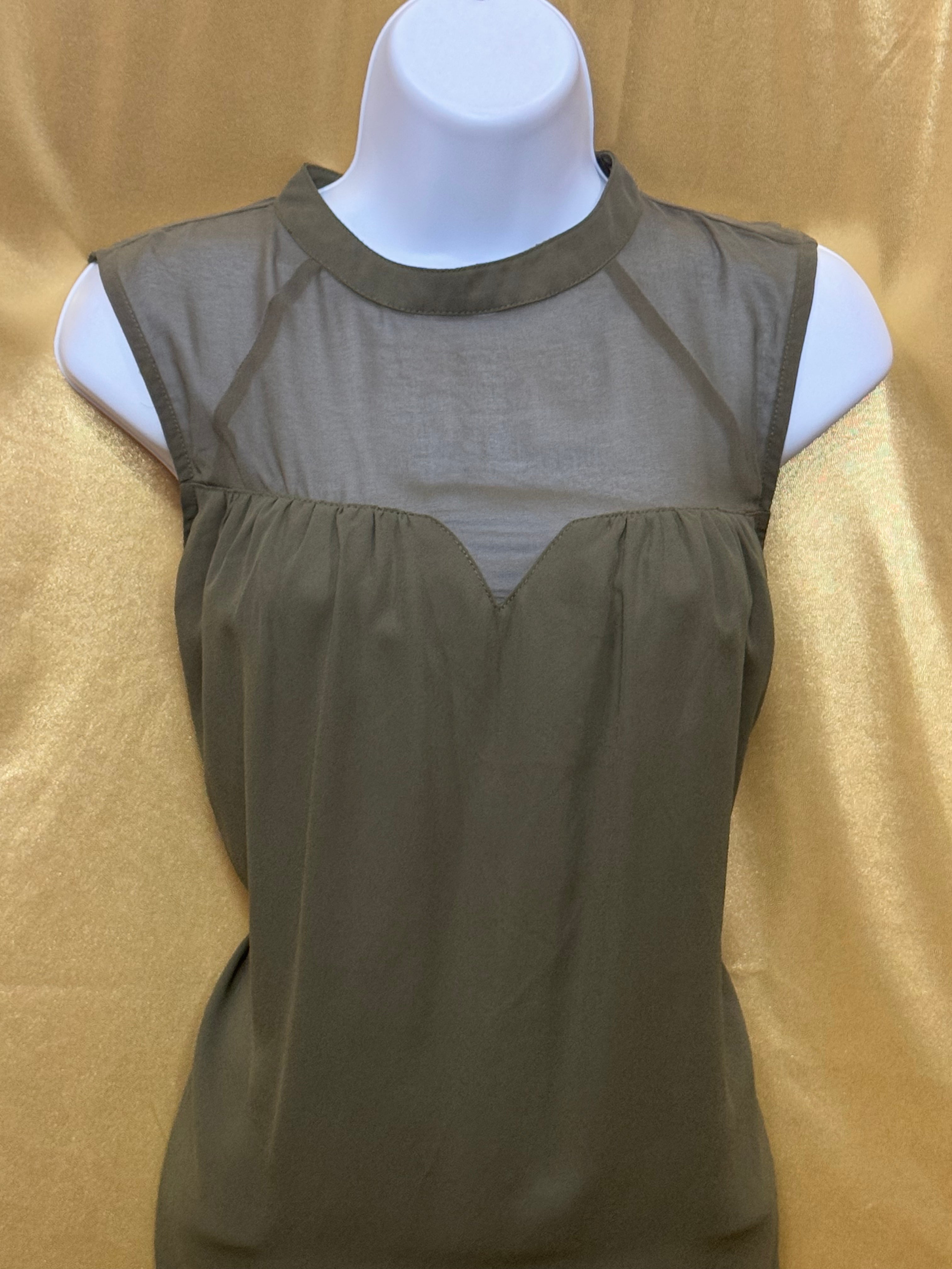 FAB’RIK Olive Green Sheer Mesh Yoke Sleeveless Blouse - Small