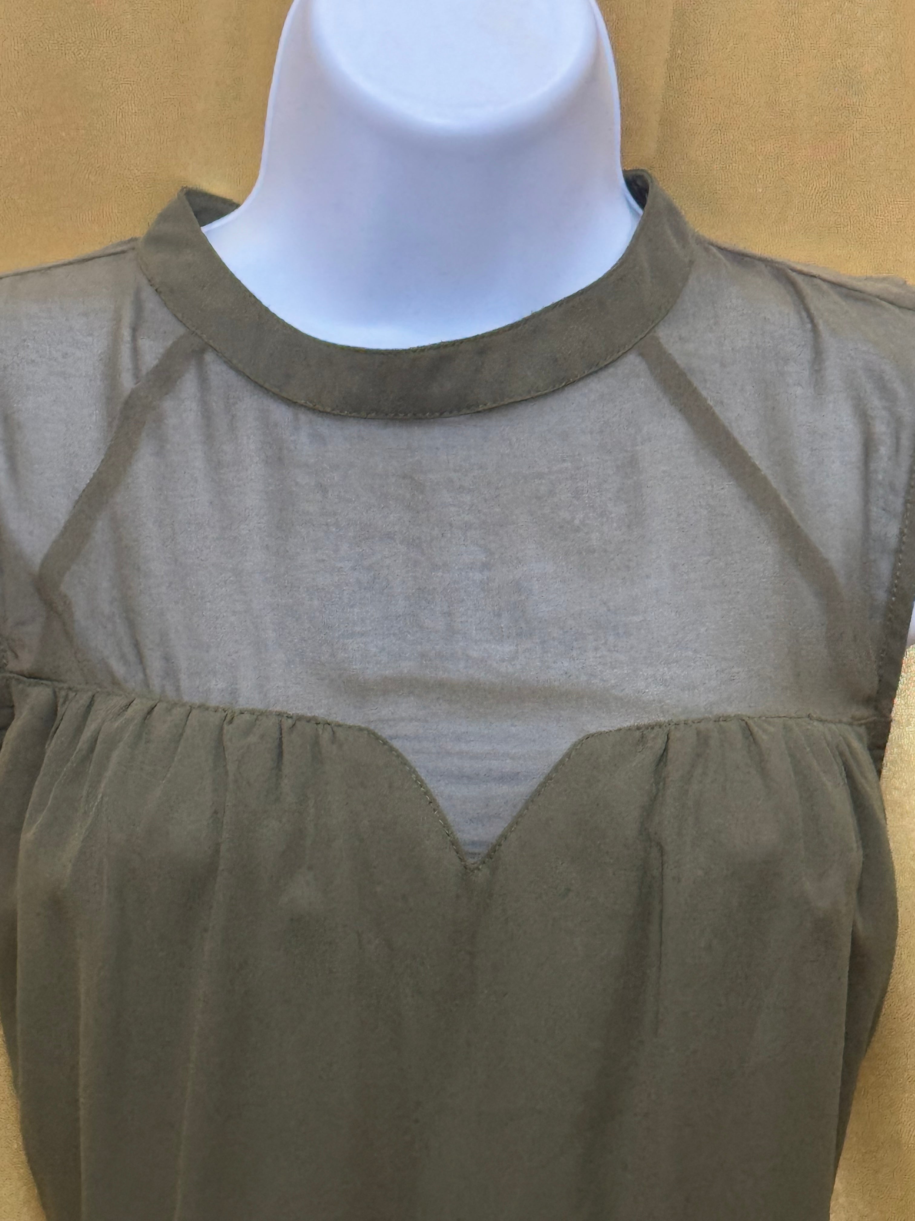 FAB’RIK Olive Green Sheer Mesh Yoke Sleeveless Blouse - Small
