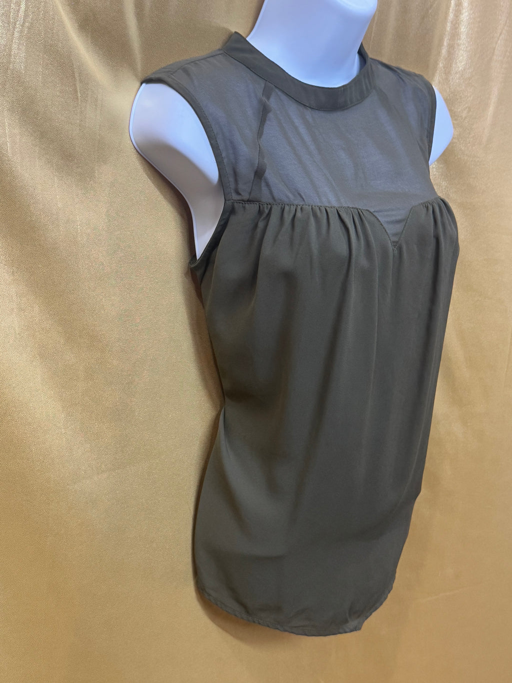 FAB’RIK Olive Green Sheer Mesh Yoke Sleeveless Blouse - Small