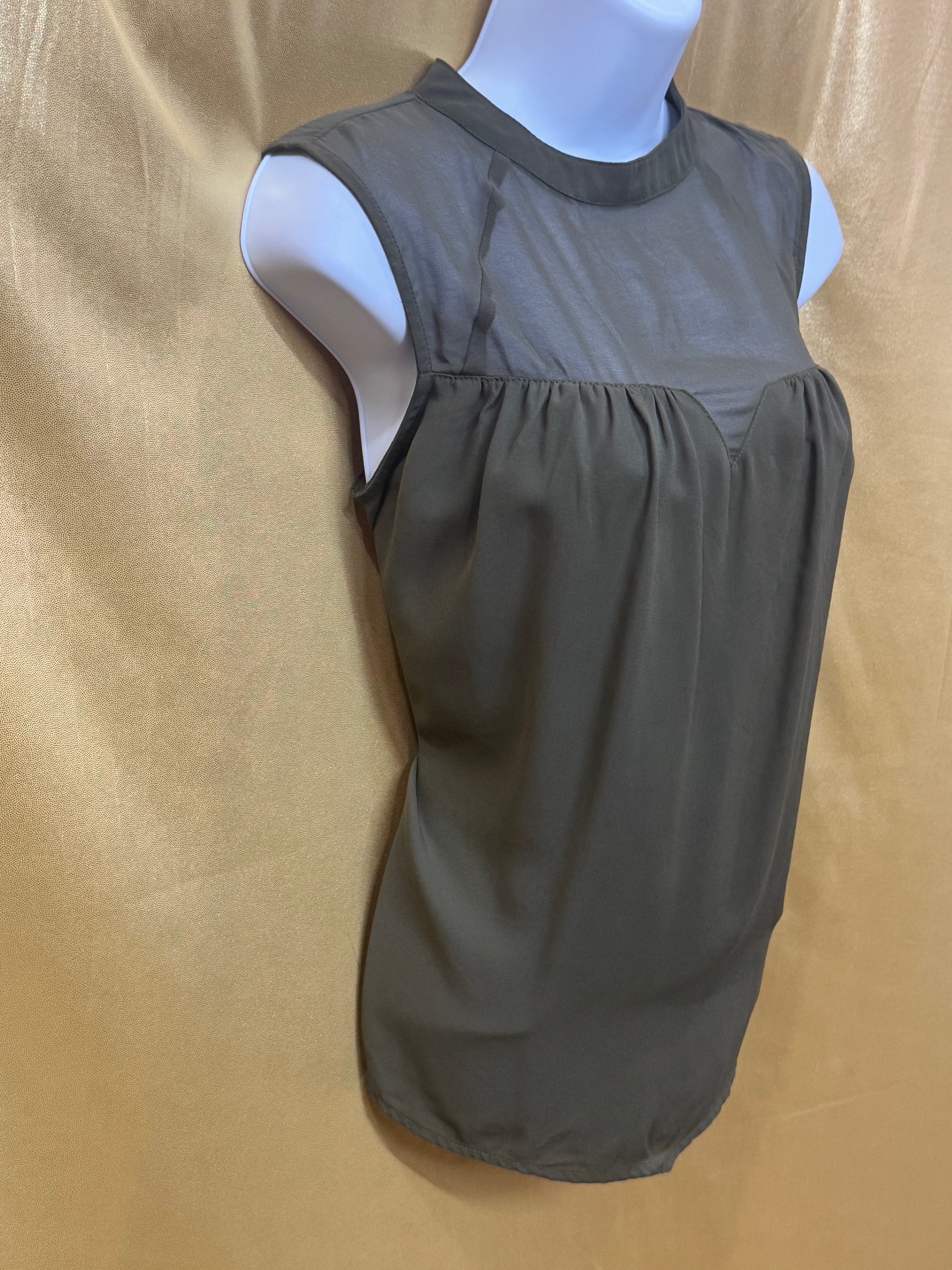 FAB’RIK Olive Green Sheer Mesh Yoke Sleeveless Blouse - Small