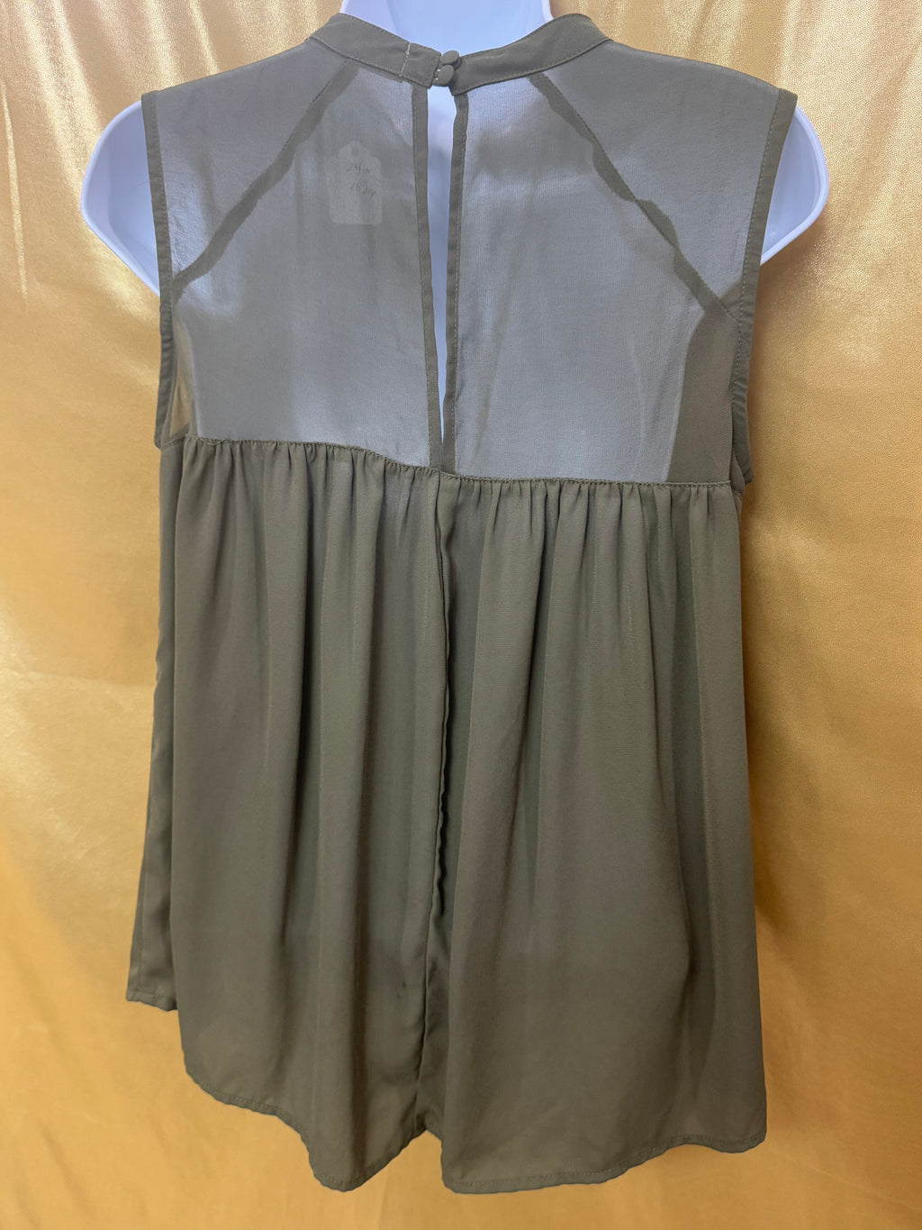 FAB’RIK Olive Green Sheer Mesh Yoke Sleeveless Blouse - Small