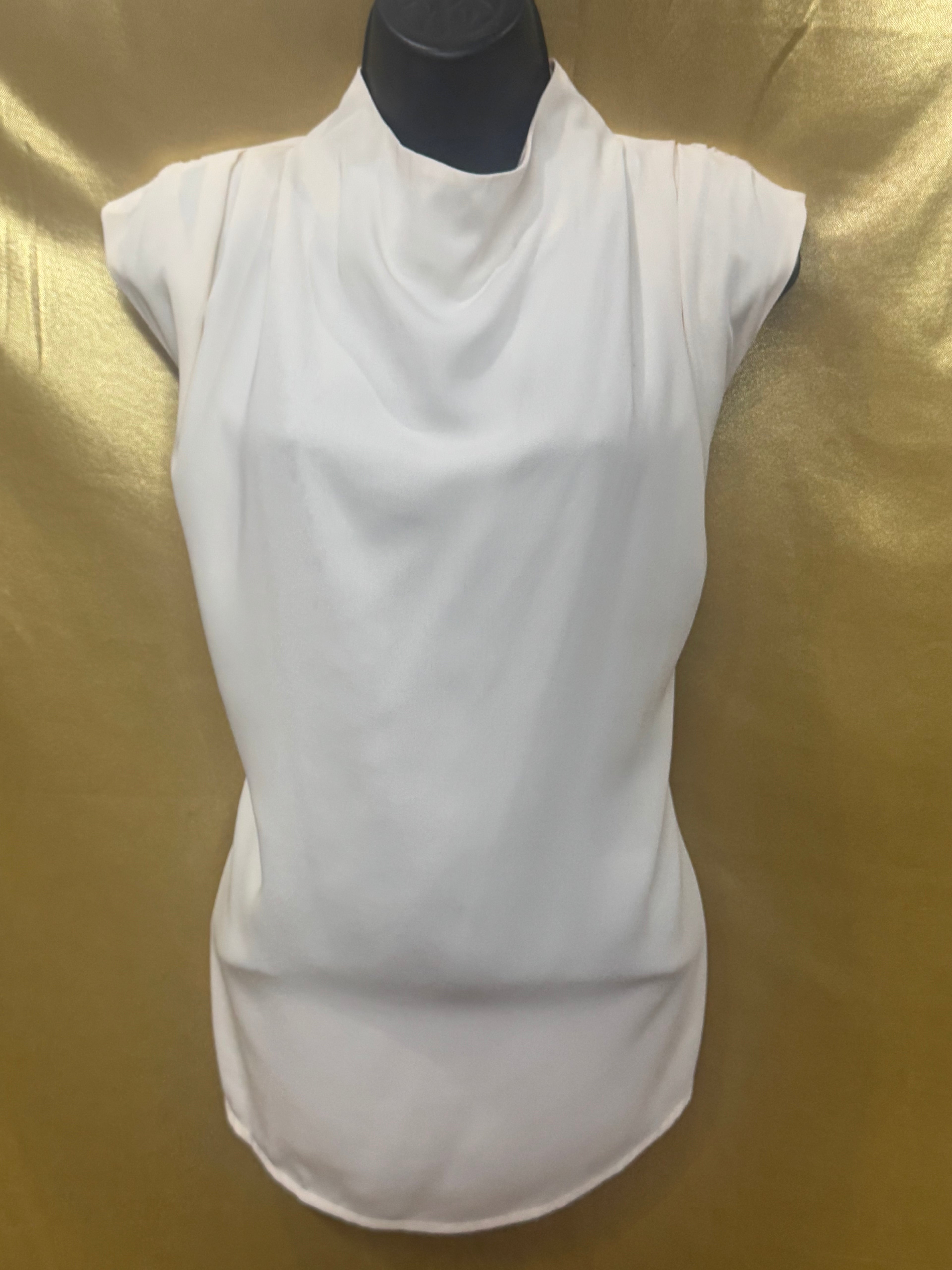 TCEC Cream Cowl Mock-Neck Sleeveless Blouse Pleated Shoulder Lined M NWT
