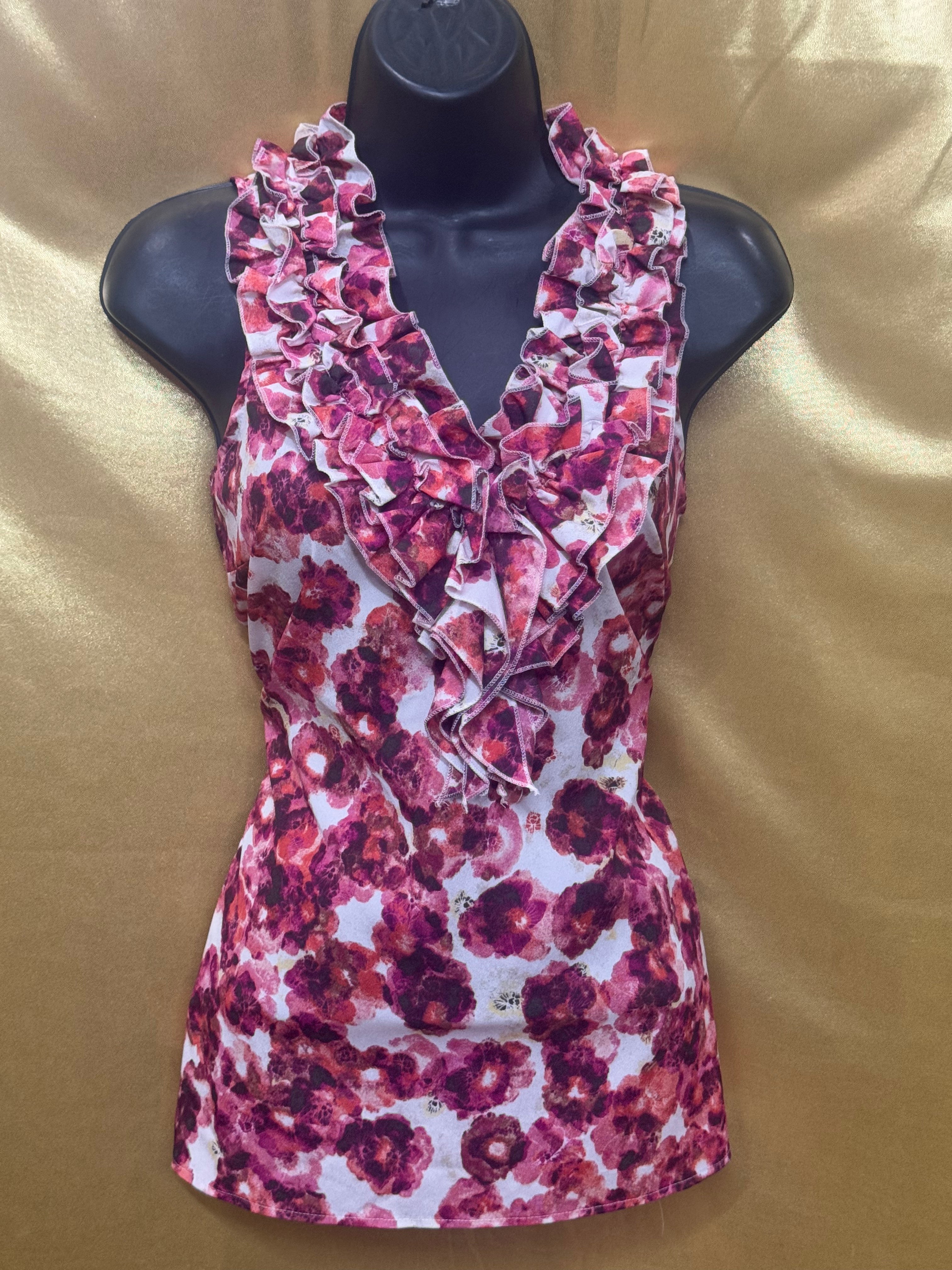 New York & Company Floral Ruffle V-Neck Tank Top Size M