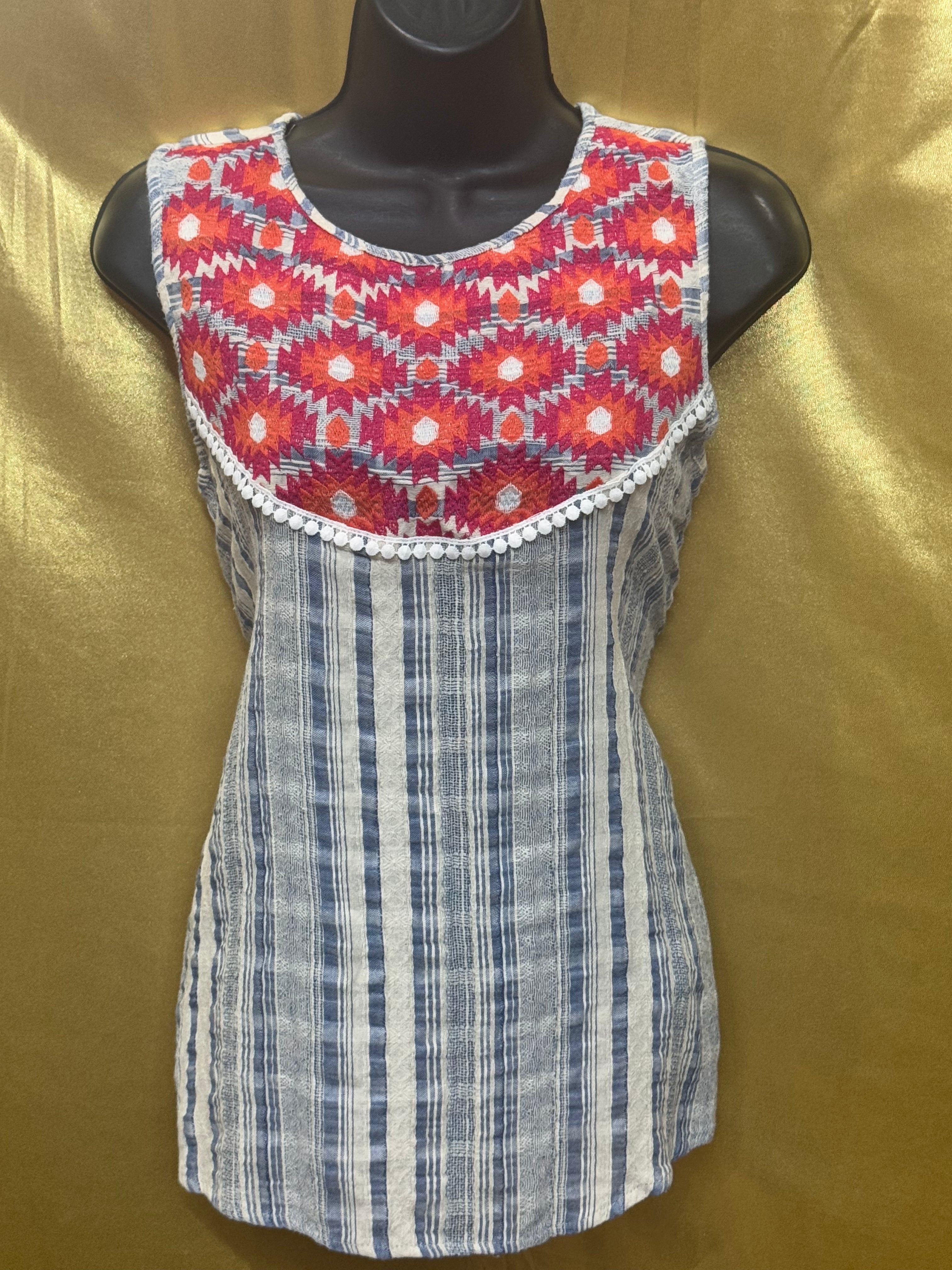 L Love Boutique Striped Tunic M Boho Embroidered Pom Pom Tank