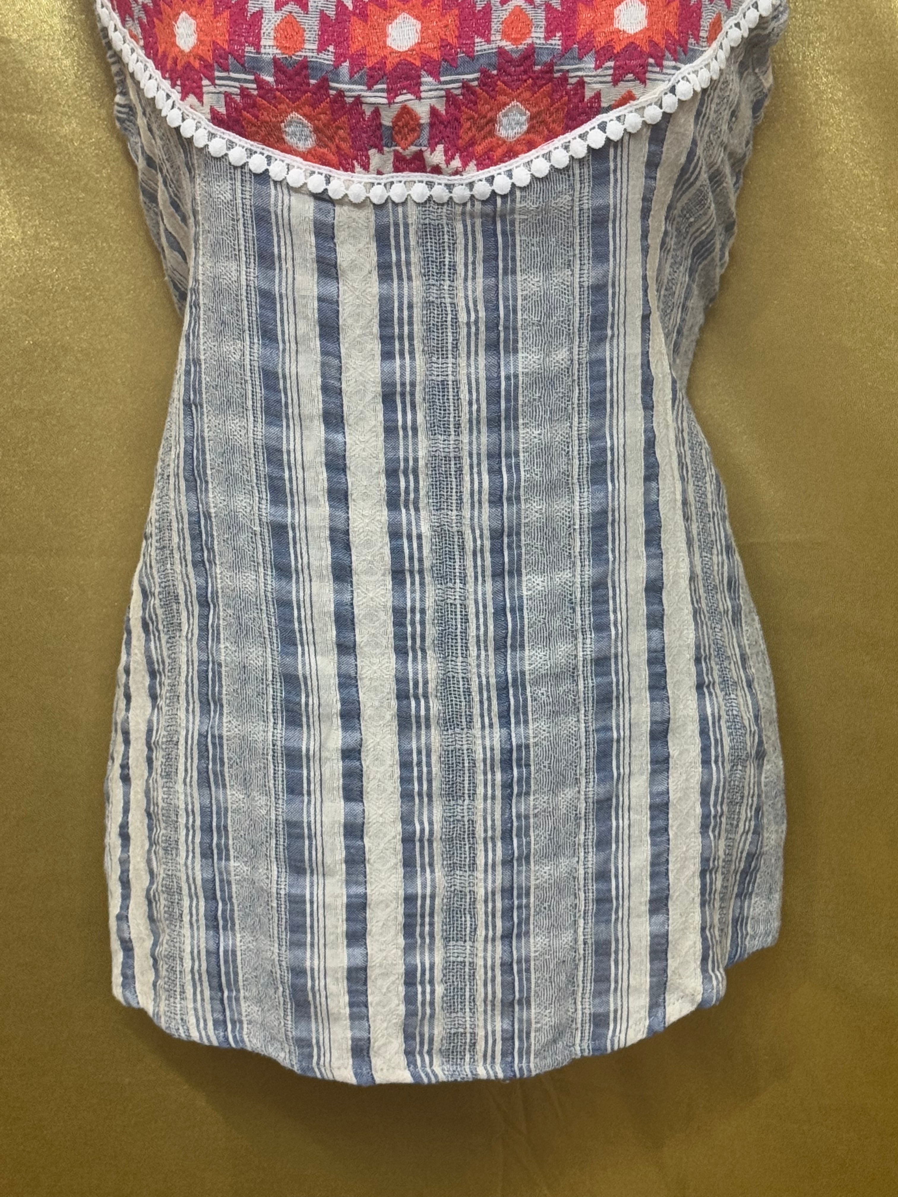 L Love Boutique Striped Tunic M Boho Embroidered Pom Pom Tank
