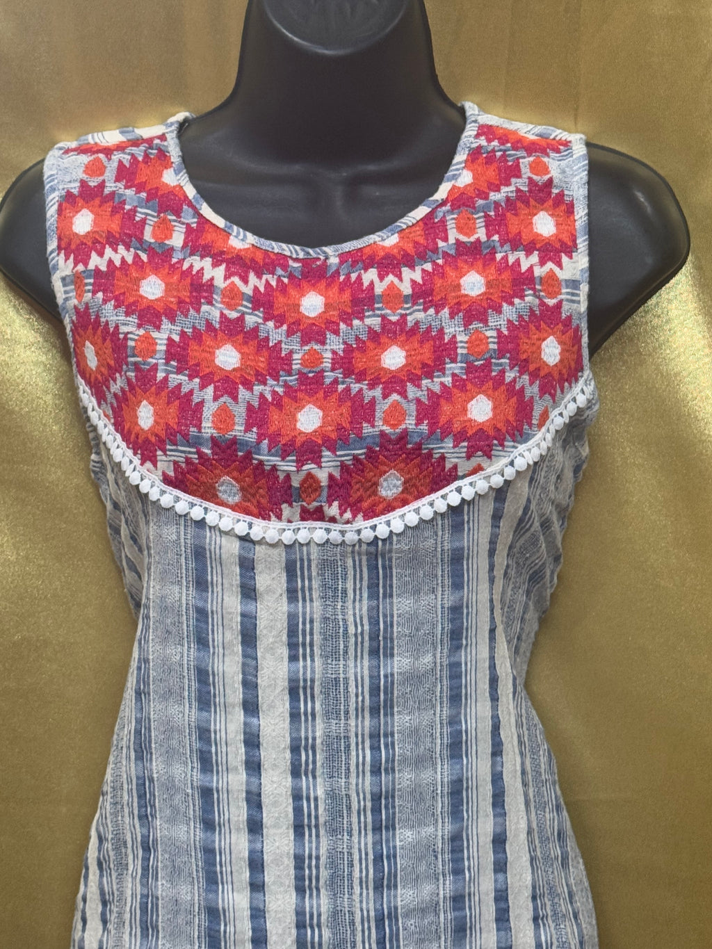 L Love Boutique Striped Tunic M Boho Embroidered Pom Pom Tank